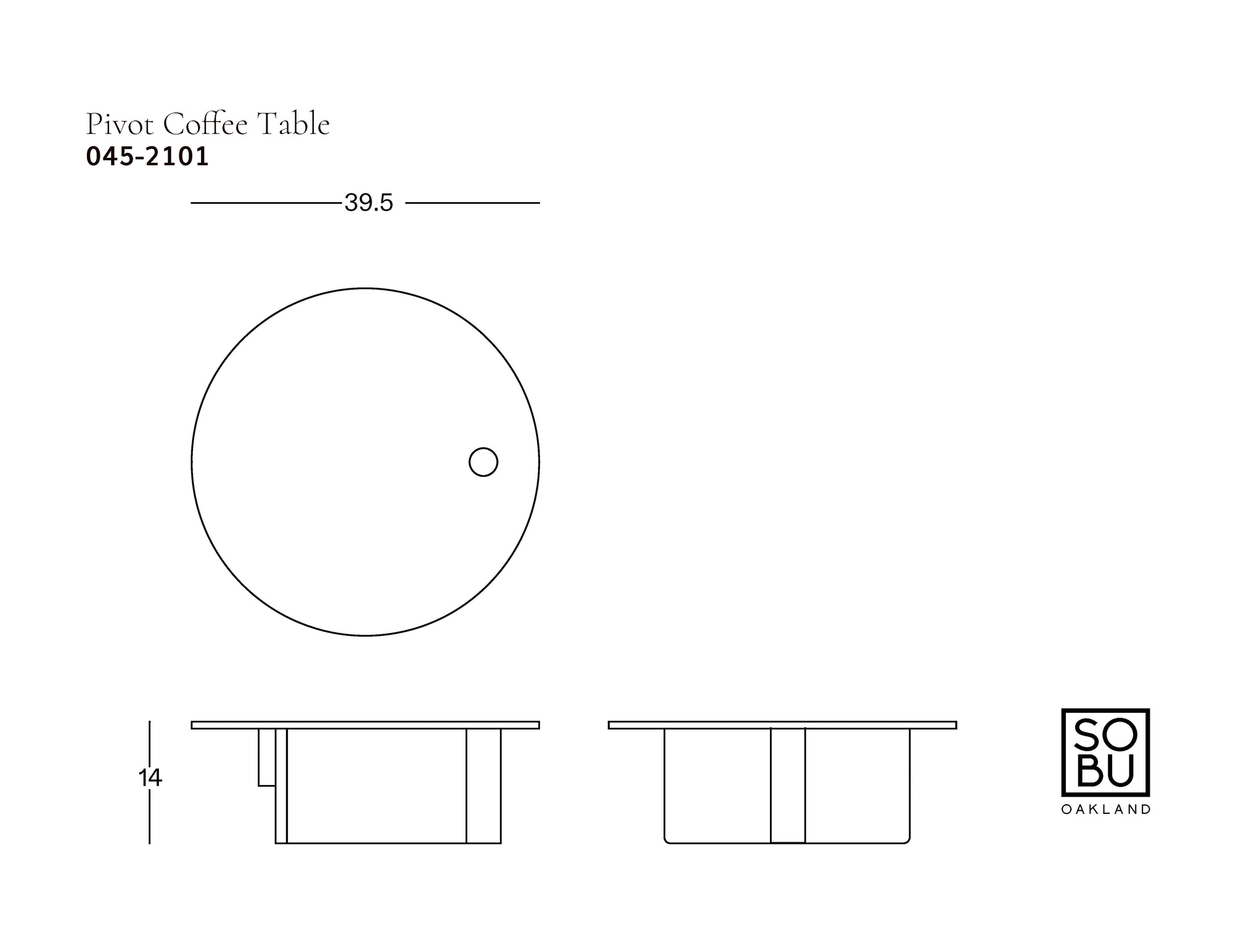 Line drawing of the Pivot Coffee Table | Round by Wooden Stories, a solid wood table with round top and small circular cutout, shown from top and side views; dimensions: 39.5" wide, 14" high. Wooden Stories logo in lower right corner.