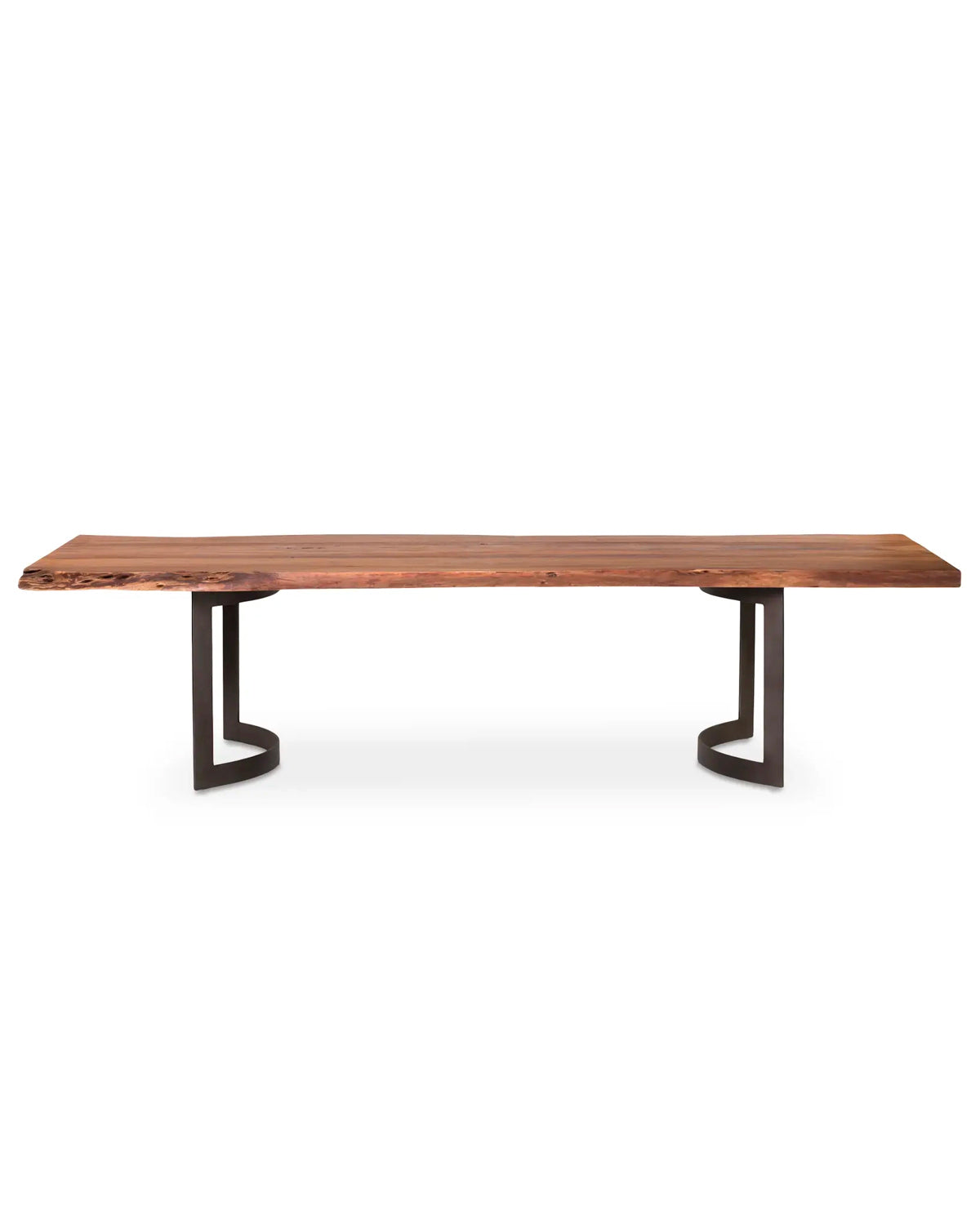 The SOBU Leviathan Live Edge Dining Table features a solid acacia top with natural grain and variations, complemented by two curved black metal legs for a modern geometric look.