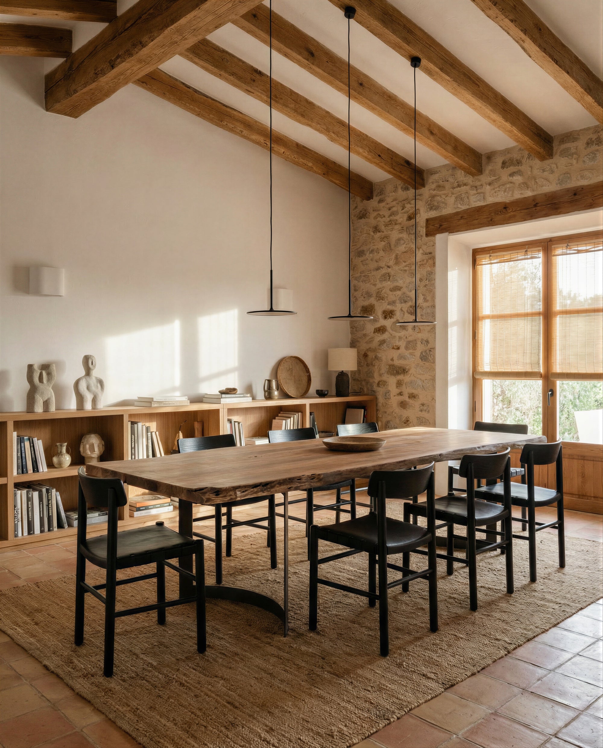 A spacious dining room featuring the SOBU Leviathan Live Edge Dining Table with Curved Metal Legs, eight black chairs, exposed wooden beams, stone walls, large windows with woven blinds, built-in shelves, and warm natural light.