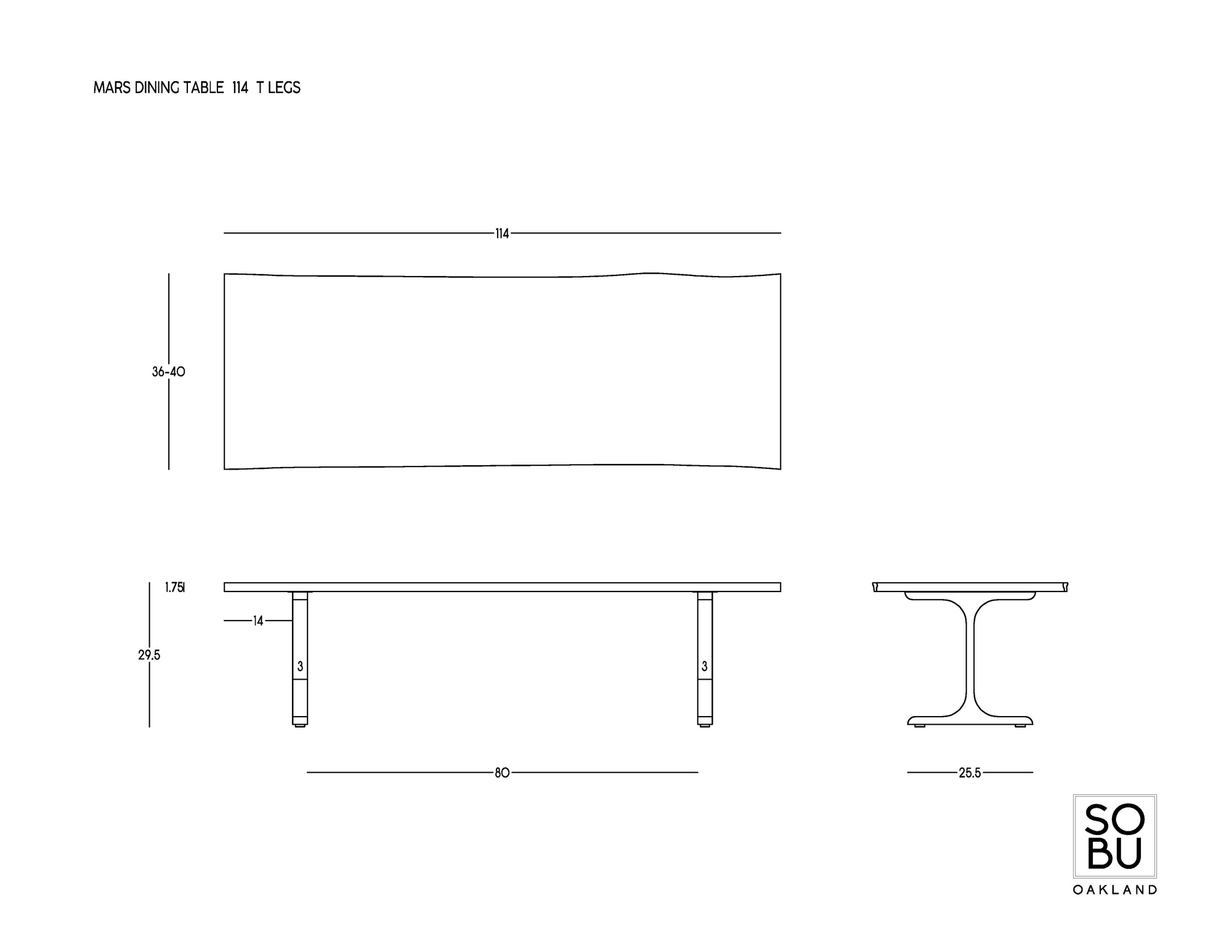 Technical line drawing of the Mars Live Edge Dining Table - Walnut with Black T Legs by SOBU. Dimensions labeled: length 114", width 36–40", height 29.5", legs 90" apart, and 26.5" wide. SOBU logo at bottom right corner.