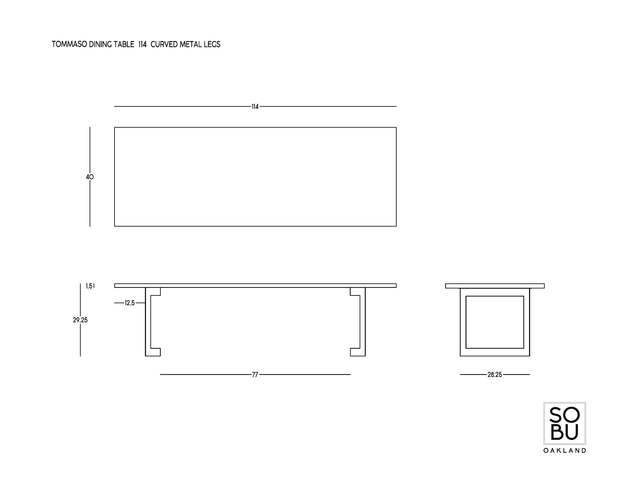 Line drawings of the SOBU Tommaso Dining Table - Curved Metal Legs, showing top, side, and end views with measurements: 84" L x 40" W x 29.25" H. Solid wood table. SOBU logo at bottom right corner.