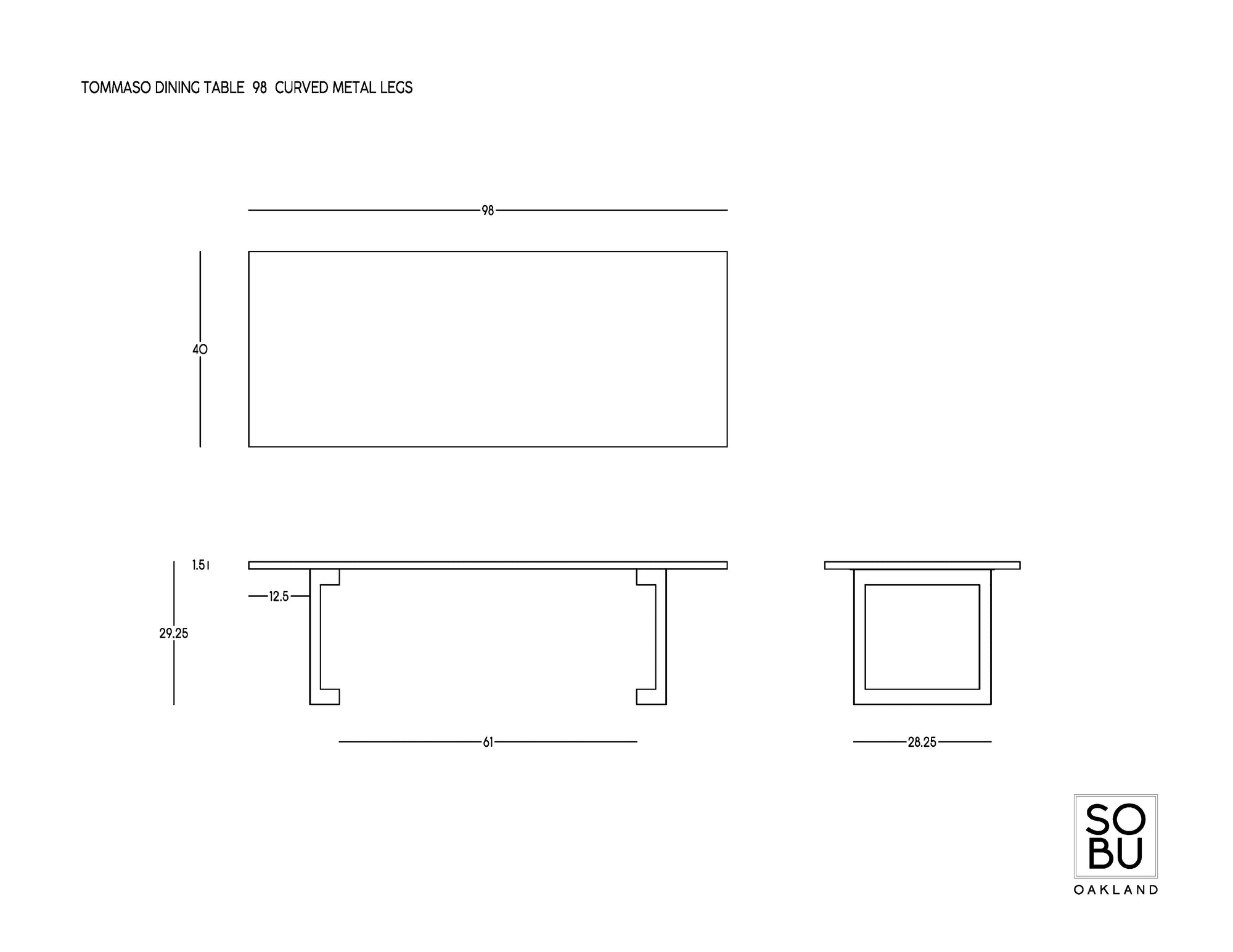 Line drawing with dimensions of the Tommaso Dining Table – Curved Metal Legs by SOBU, showing top, side, and end views. The SOBU logo is displayed in the bottom right corner.