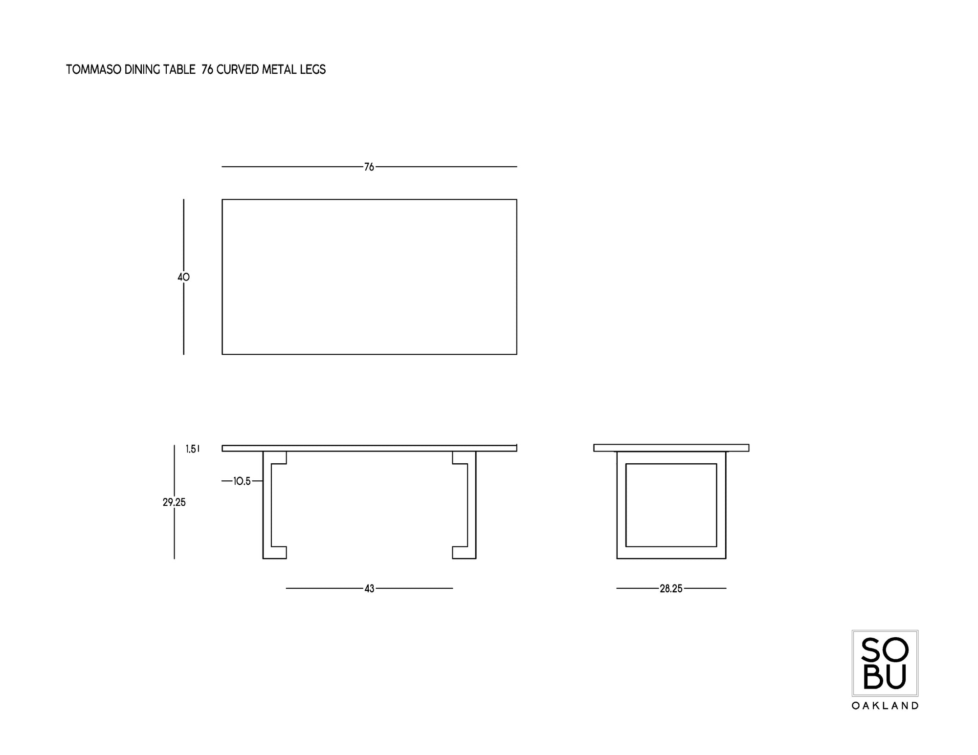 Technical drawing of the SOBU Tommaso Dining Table - Curved Metal Legs, 70" model, showing top, side, and front views with measurements. Solid wood table. SOBU Oakland logo displayed in the bottom right corner.