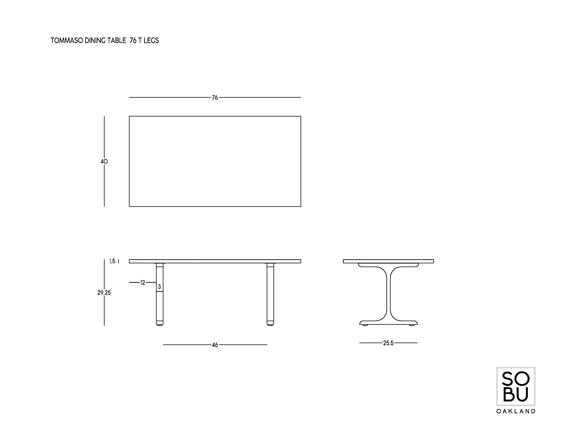 Technical drawing of the Tommaso Dining Table - Brass T-Legs by SOBU, showing top, side, and end views with measurements. Features solid wood construction with brass T-shaped legs. "SOBU" logo appears in the bottom right corner.