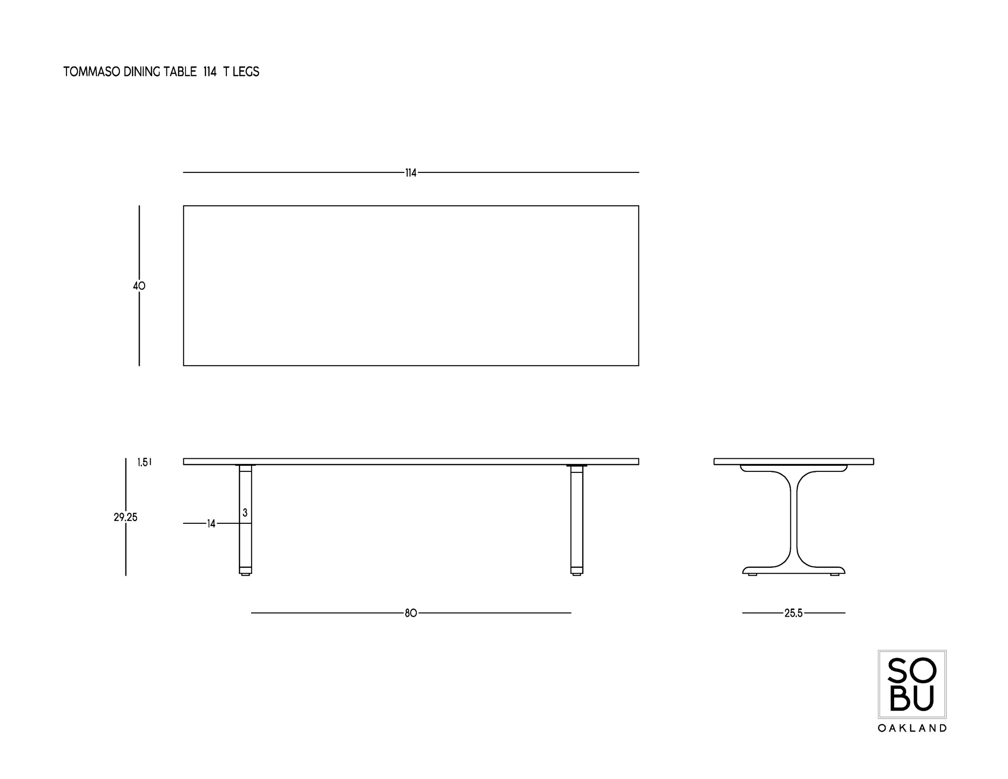 Technical line drawing of the SOBU Tommaso Dining Table - Brass T-Legs, showing top, side, and end views with measurements in inches. SOBU logo appears in the bottom right corner.