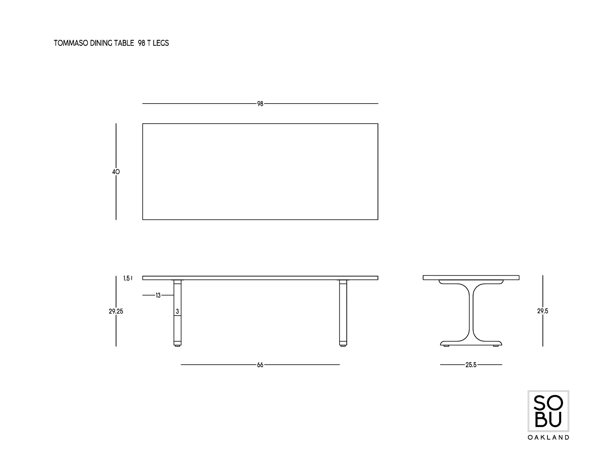 Black and white technical drawing showing dimensions of the Tommaso Dining Table - Brass T-Legs by SOBU, with top, side, and end views. SOBU logo is displayed in the bottom right corner.