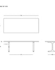 Black and white technical drawing showing dimensions of the Tommaso Dining Table - Brass T-Legs by SOBU, with top, side, and end views. SOBU logo is displayed in the bottom right corner.