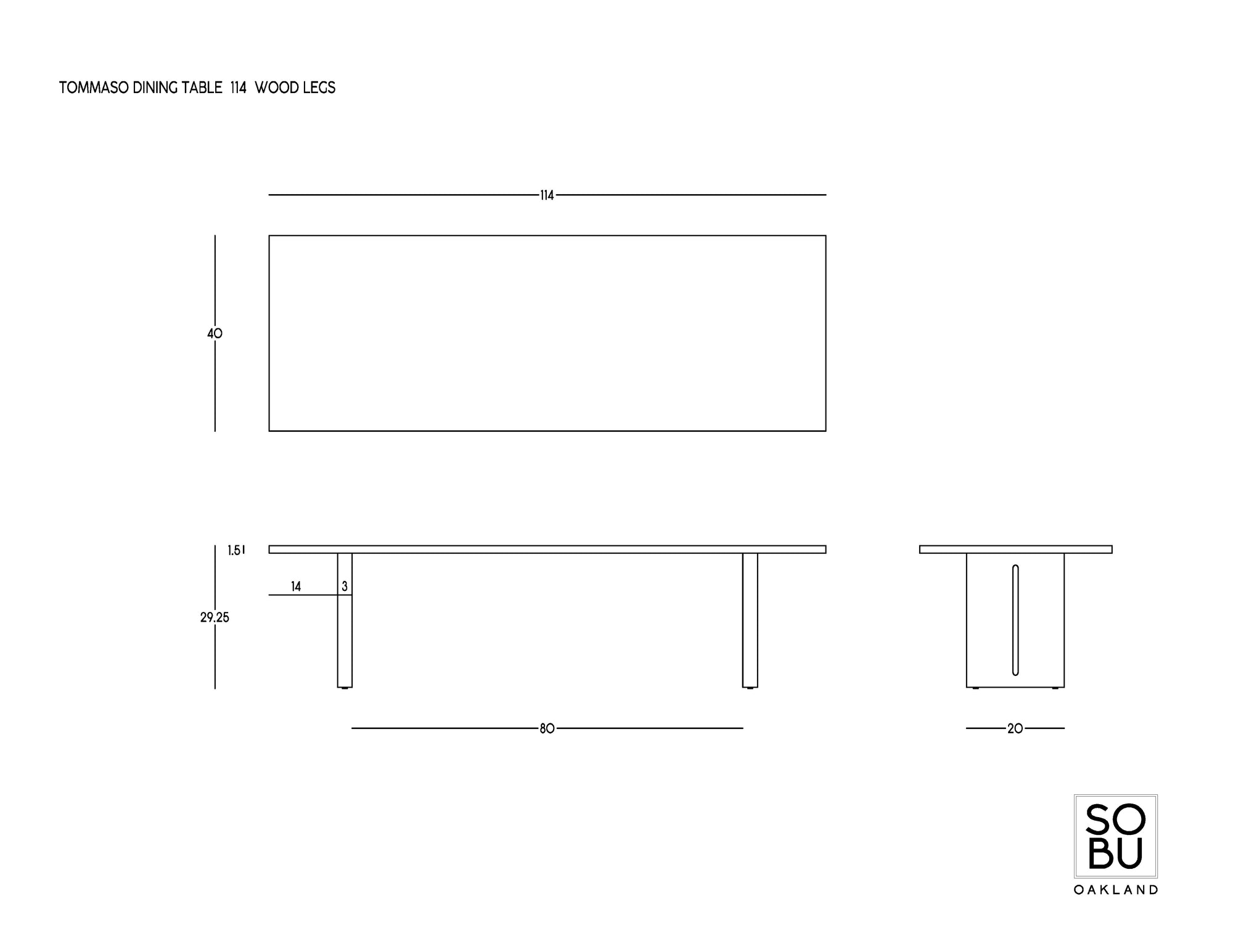 Technical drawing of the Tommaso Dining Table - Wood Legs by SOBU, with labeled dimensions and top, side, and end views shown. "Tommaso Dining Table - Wood Legs" and "SOBU" appear on the image.