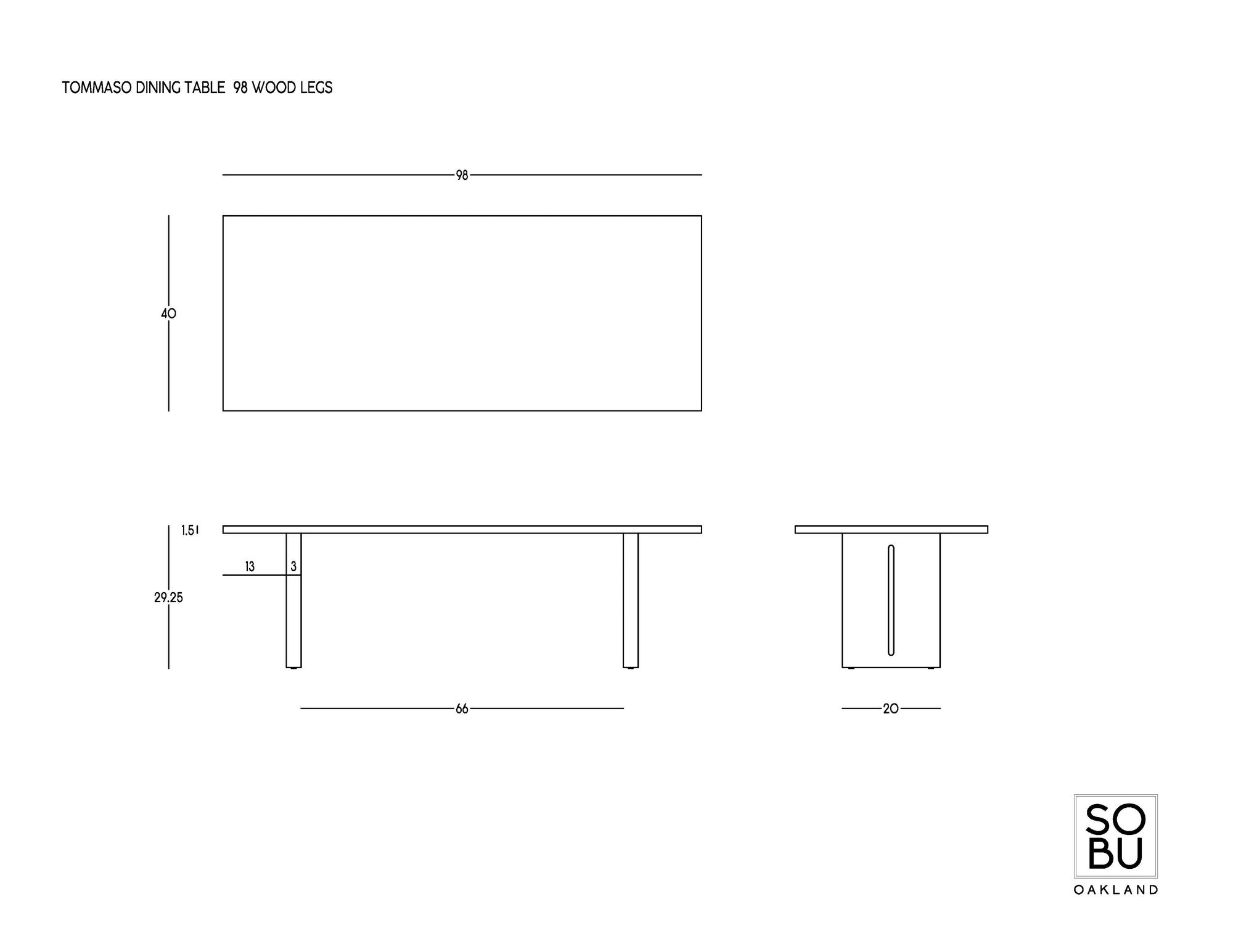 Technical drawing of the Tommaso Dining Table - Wood Legs by SOBU, showing top, front, and side views with labeled dimensions; SOBU logo appears in the lower right corner.