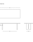 Technical drawing of the Tommaso Dining Table - Wood Legs by SOBU, showing top, front, and side views with labeled dimensions; SOBU logo appears in the lower right corner.