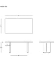 Minimalist technical drawing with top, front, and side views of the Tommaso Dining Table - Wood Legs by SOBU. Dimensions shown; SOBU logo in the bottom right.