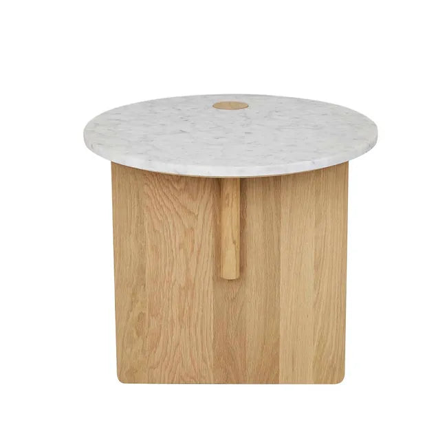 The Pivot Side Table | Light Oak by Wooden Stories is a small round table with a white marble top, solid light oak base, Danish design, and a distinctive center hole.