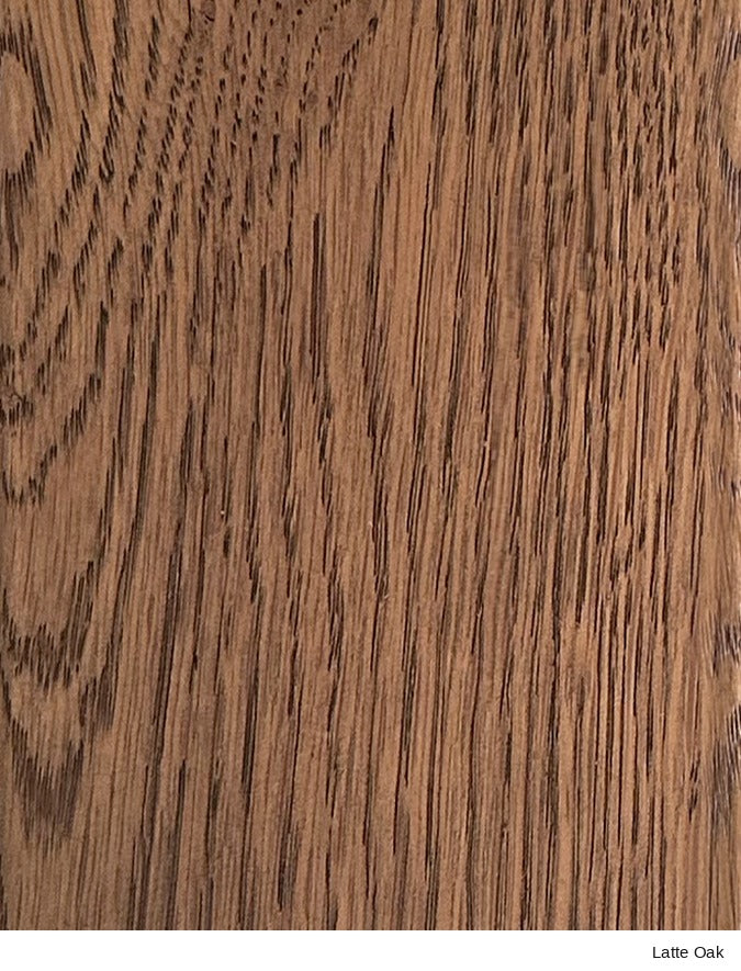 Close-up of a Material Swatches Latte Oak wood grain sample from SOBU, featuring brown vertical streaks from the Danish Collection.