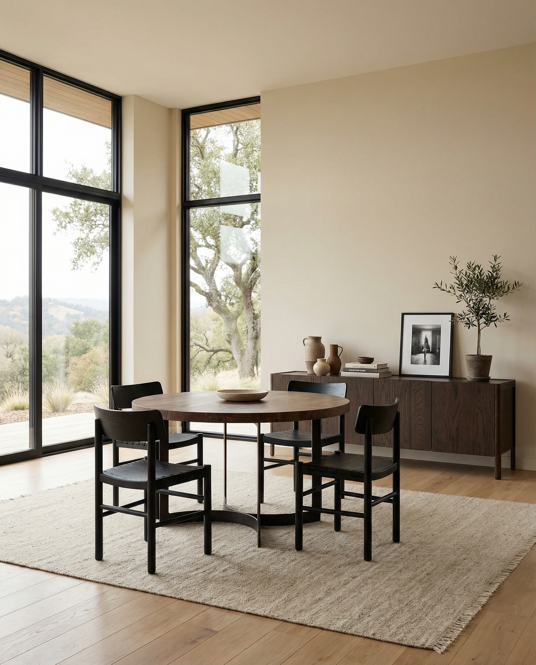 A modern dining room showcases the SOBU Leviathan Round Dining Table with sleek metal legs, four black chairs, a sideboard with decor, framed photo, potted plant, large windows, beige walls, light rug on wood floors, and views of trees outside.