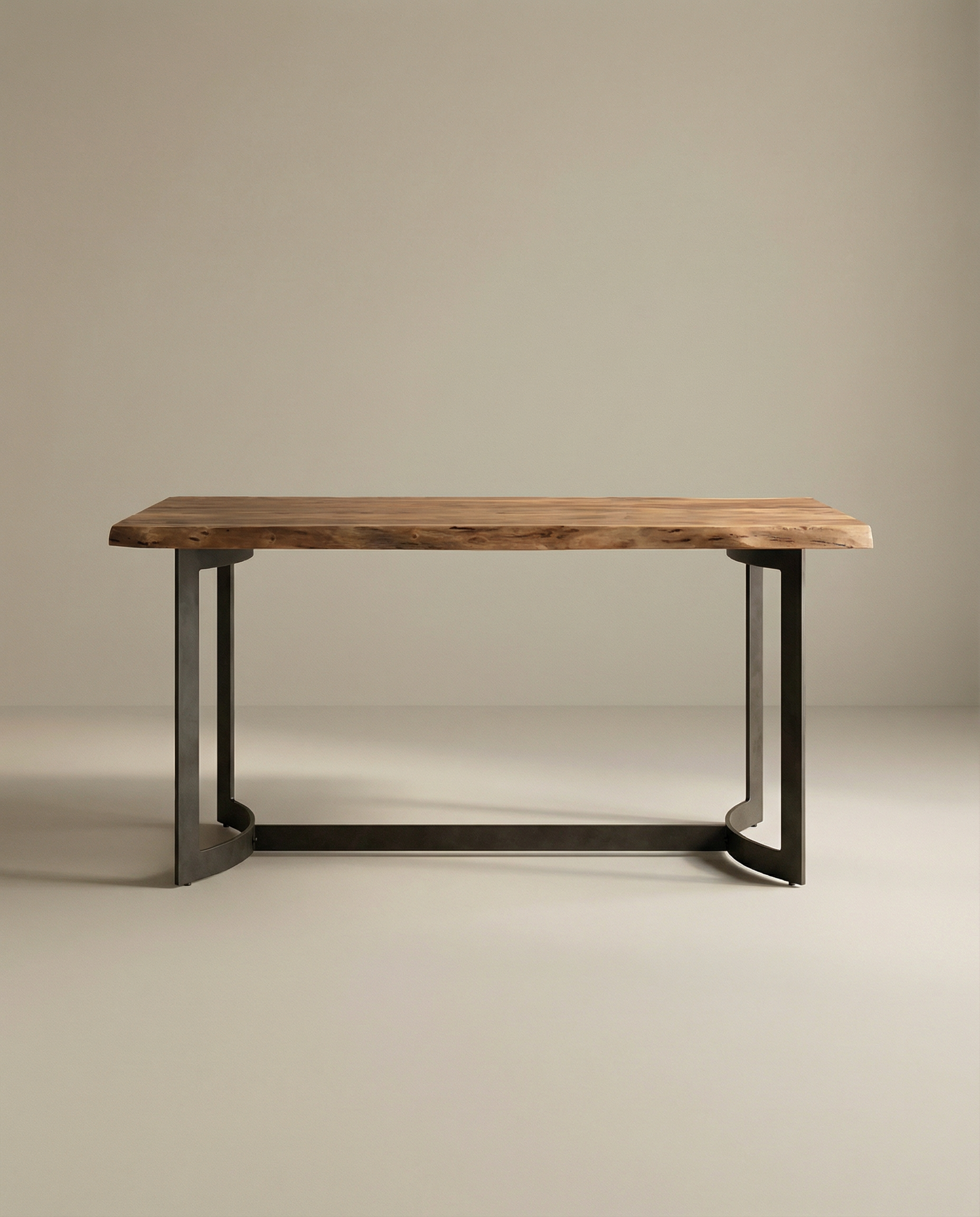 The Leviathan Live Edge Counter Table by Moes features a natural, solid acacia top and sculptural metal base, combining organic charm with modern design against a plain, light background.