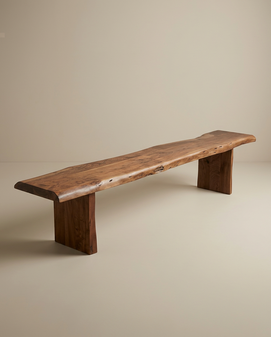 The SOBU Leviathan Live Edge Bench - Wood Legs showcases a natural acacia slab seat with visible grain and block legs, making it a perfect rustic accent for minimalist beige spaces. Custom length offers tailored elegance.