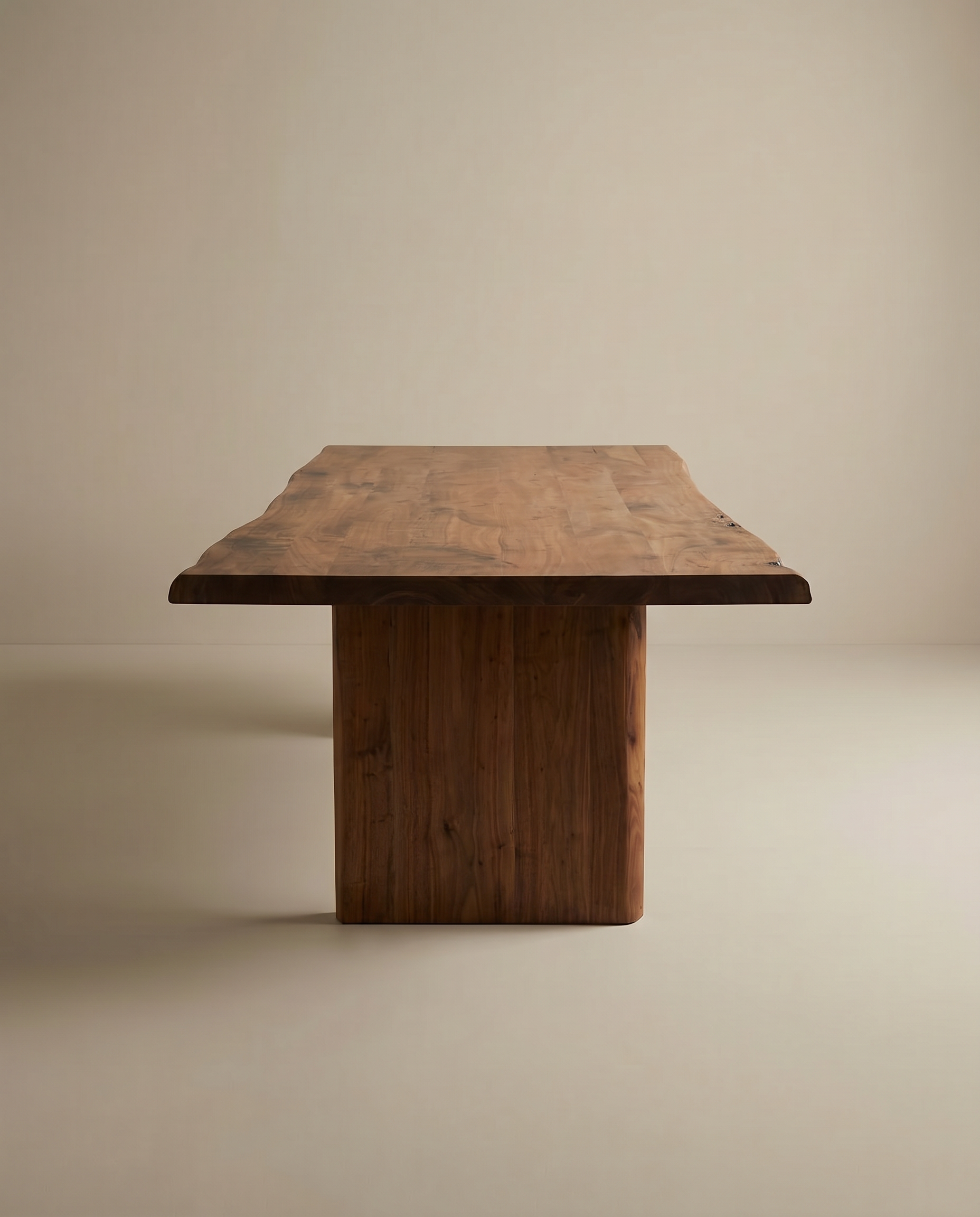 The SOBU Leviathan Live Edge Dining Table features a thick, natural live edge acacia top and sturdy wood legs, showcased against a plain beige background.
