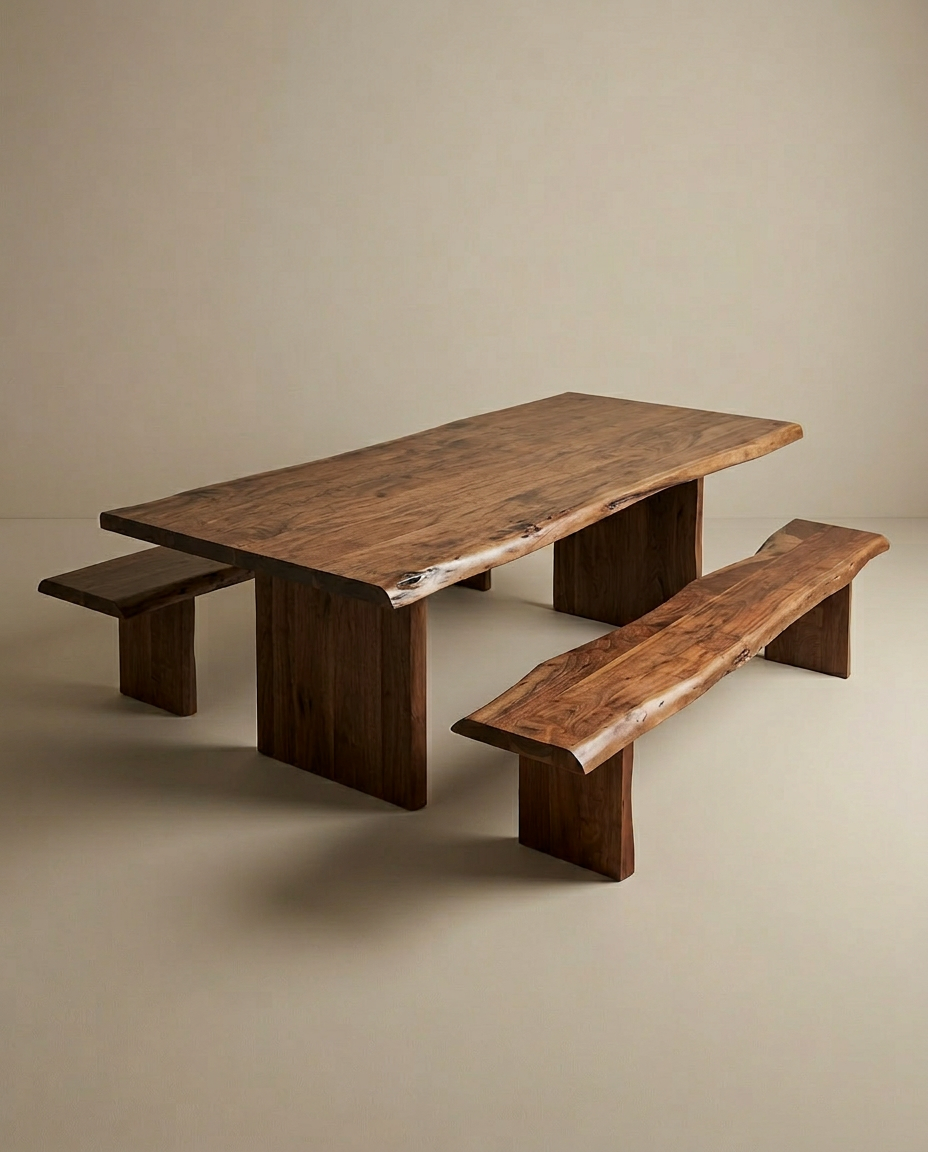 A wooden dining table with a natural, live-edge design is paired with two SOBU Leviathan Live Edge Benches - Wood Legs. The set sits in a simple, neutral-toned room with no other furniture or decorations.