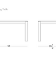 Line drawing of a rectangular dining table crafted from solid American oak, measuring 55 inches wide, 35.5 inches deep, and 29.5 inches high. The text “Oli Dining Table” and “Wooden Stories” appear, showcasing the timeless style of this Danish-inspired collection and meeting contract grade standards.