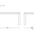 Line drawing of the Oli Dining Table by Wooden Stories, shown in front and side views with dimensions: 63" length, 35.5" depth, and 29.5" height. This contract-grade dining table is crafted from solid American oak and features the Wooden Stories logo in the bottom right corner.