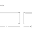 Line drawing of a rectangular solid American oak dining table with labeled dimensions: 71 long, 35.5 wide, 29.5 high. “Oli Dining Table” by Wooden Stories appears at top left; “SOBU Oakland” logo at bottom right. Contract grade construction ensures lasting durability and style.