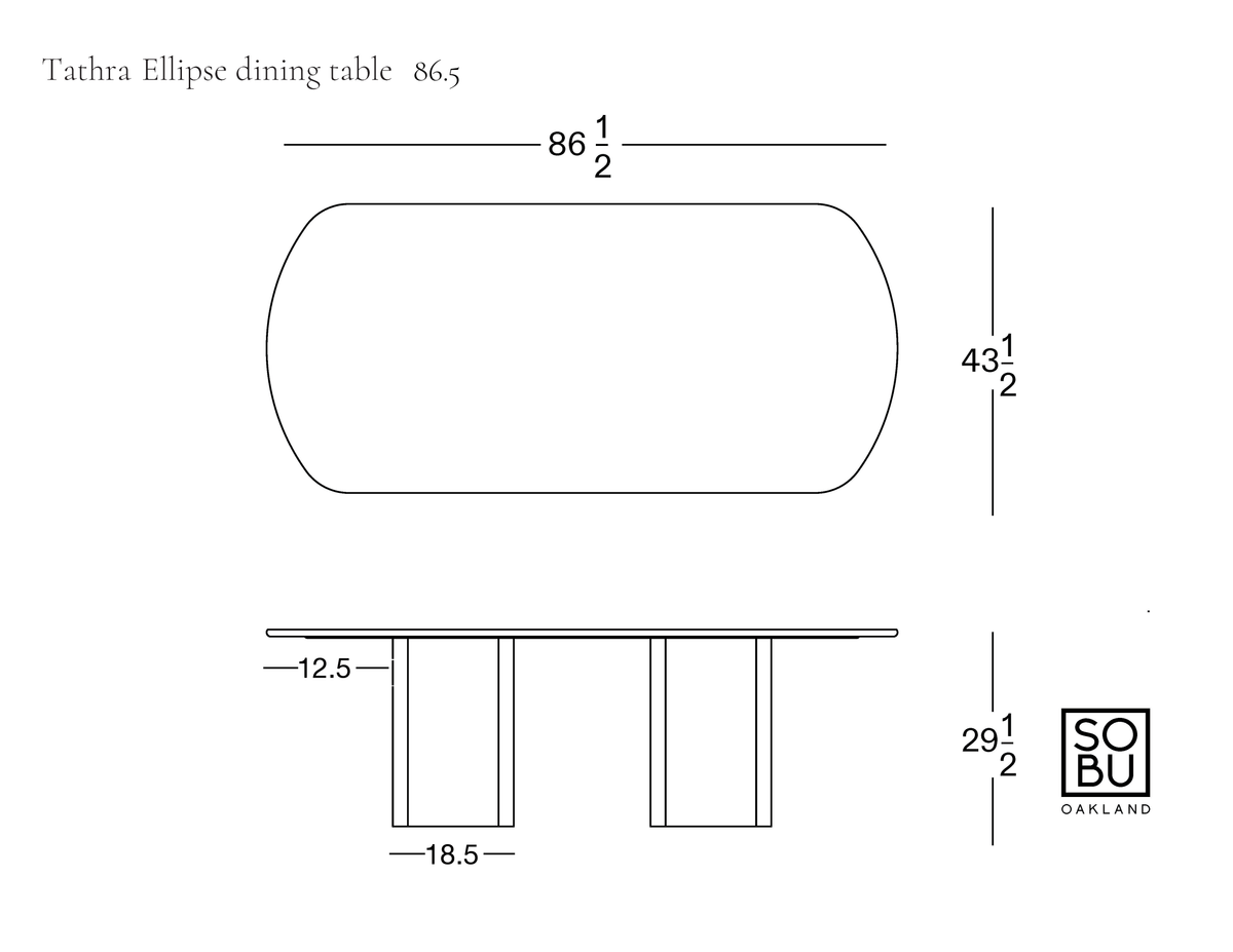 Line drawing of the Tathra Ellipse Dining Table | Oak by Wooden Stories from the Danish collection, featuring dimensions of 86.5″ long, 43.5″ wide, and 29.5″ high. The side view illustrates two wide legs spaced 18.5″ apart with a 12.5″ overhang—expertly crafted to contract grade standards for lasting durability and contemporary style. SOBU Oakland logo displayed at bottom right.