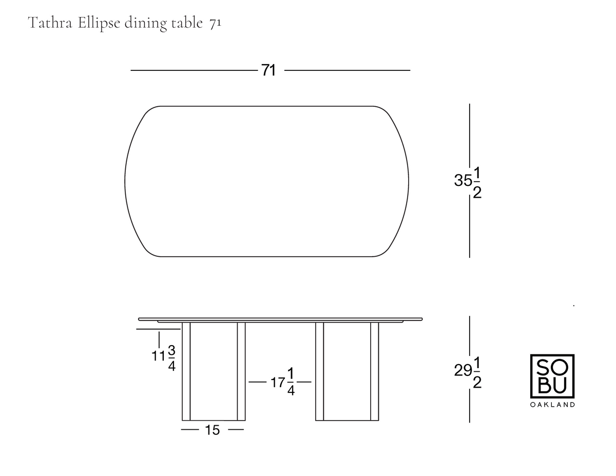 Line drawing of the Tathra Ellipse Dining Table | Stone from Wooden Stories, featuring top and side views with measurements: 71 length, 35.5 width, 29.5 height, and distances for base supports. The illustration emphasizes the elegant design of this solid oak dining table. SoBu Oakland logo appears in the bottom right corner.