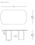 Line drawing of the Tathra Ellipse Dining Table | Stone from Wooden Stories, featuring top and side views with measurements: 71 length, 35.5 width, 29.5 height, and distances for base supports. The illustration emphasizes the elegant design of this solid oak dining table. SoBu Oakland logo appears in the bottom right corner.