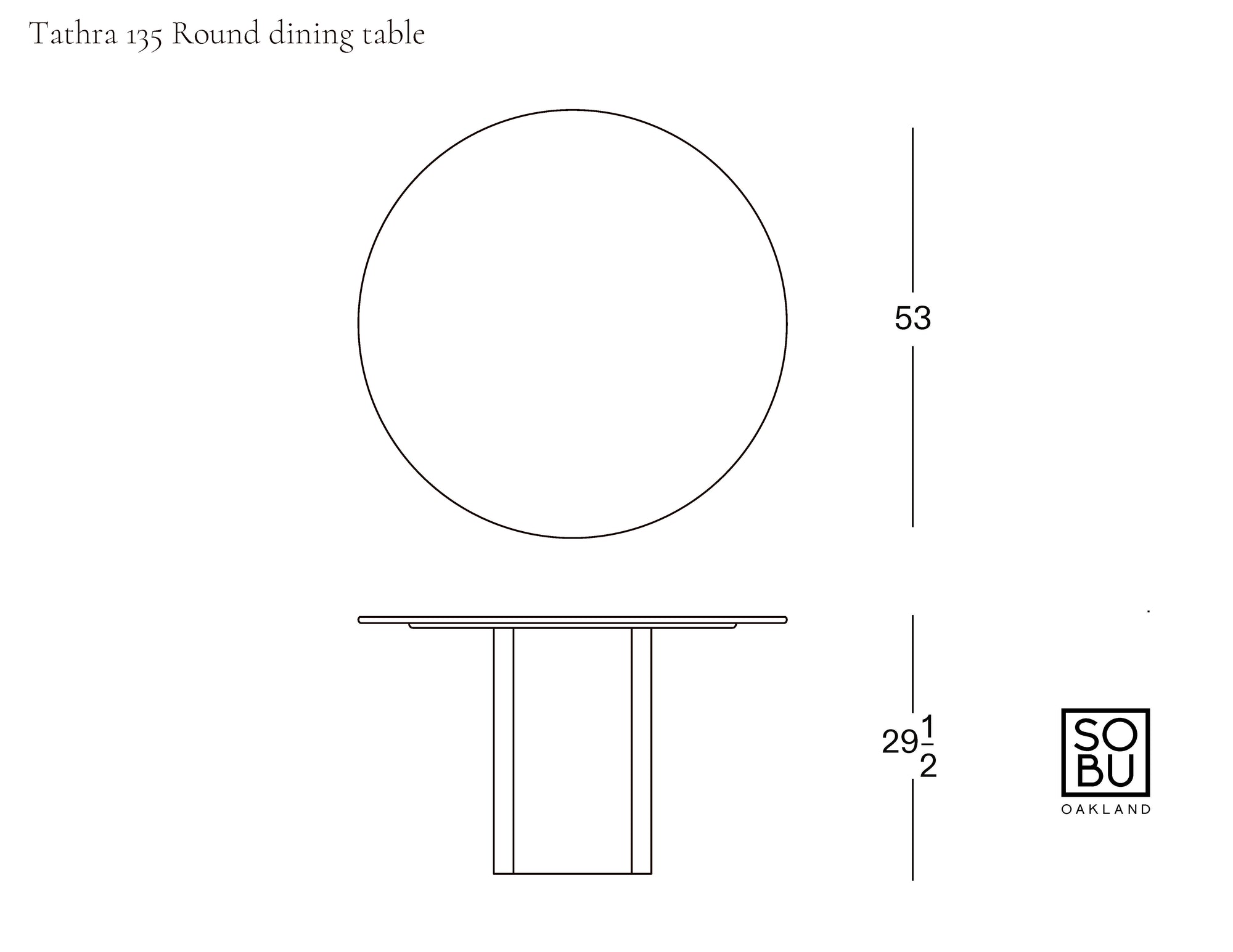 Line drawing of a Tathra Round Dining Table | Stone Top by Wooden Stories, labeled with 53-unit tabletop diameter and 29.5-unit height; features contract-grade solid oak construction and the Wooden Stories logo in the corner.
