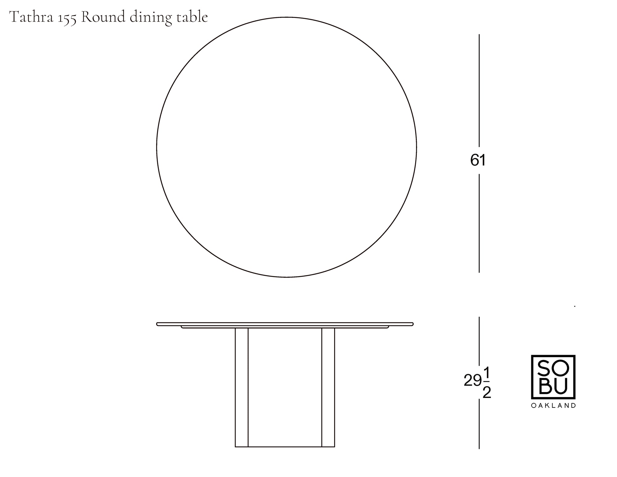 Line drawing of a round pedestal table shown from the top and side. The table's diameter is 61", height is 29.5", with a stone top by Wooden Stories. Includes Wooden Stories logo and "Tathra Round Dining Table | Stone Top" label.