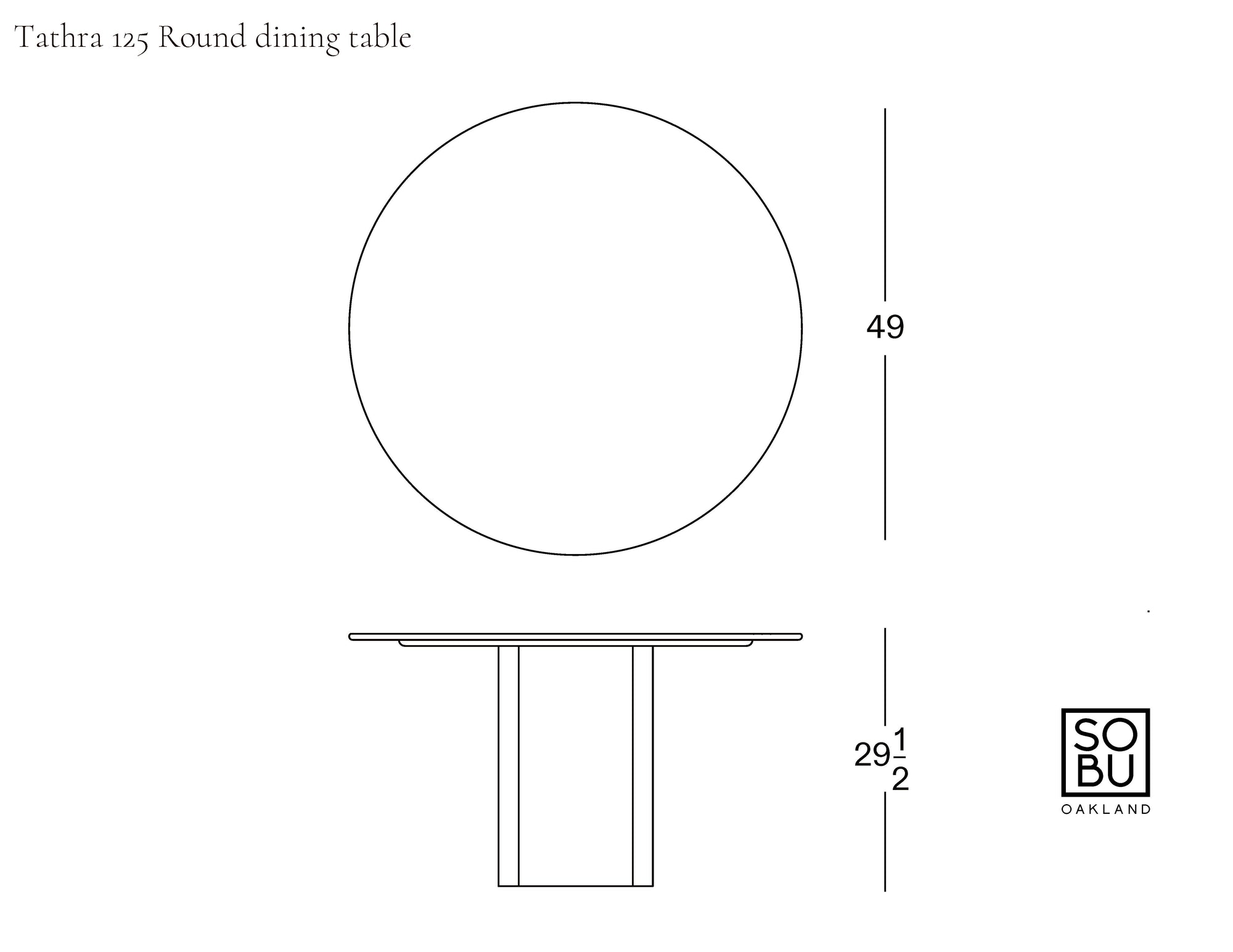 Line drawing of the Tathra Round Dining Table | Stone Top by Wooden Stories, showing top view and side profile with dimensions: 49-inch diameter, 29.5-inch height. Wooden Stories logo in bottom right corner. Contract grade quality.