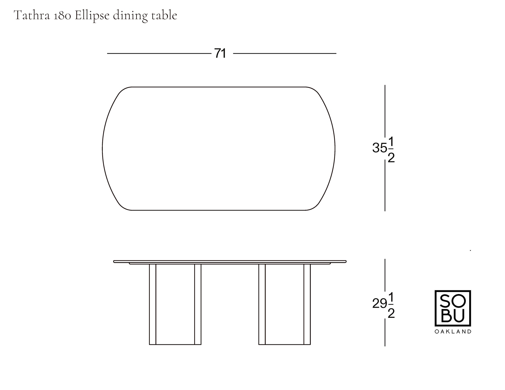 Line drawing of the Tathra Ellipse Dining Table | Stone Top by Wooden Stories displays top and side views with dimensions: 71” L x 35.5” W x 29.5” H. European craftsmanship is featured. SOBU Oakland logo appears in the lower right corner.
