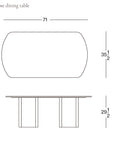 Line drawing of the Tathra Ellipse Dining Table | Stone Top by Wooden Stories displays top and side views with dimensions: 71” L x 35.5” W x 29.5” H. European craftsmanship is featured. SOBU Oakland logo appears in the lower right corner.