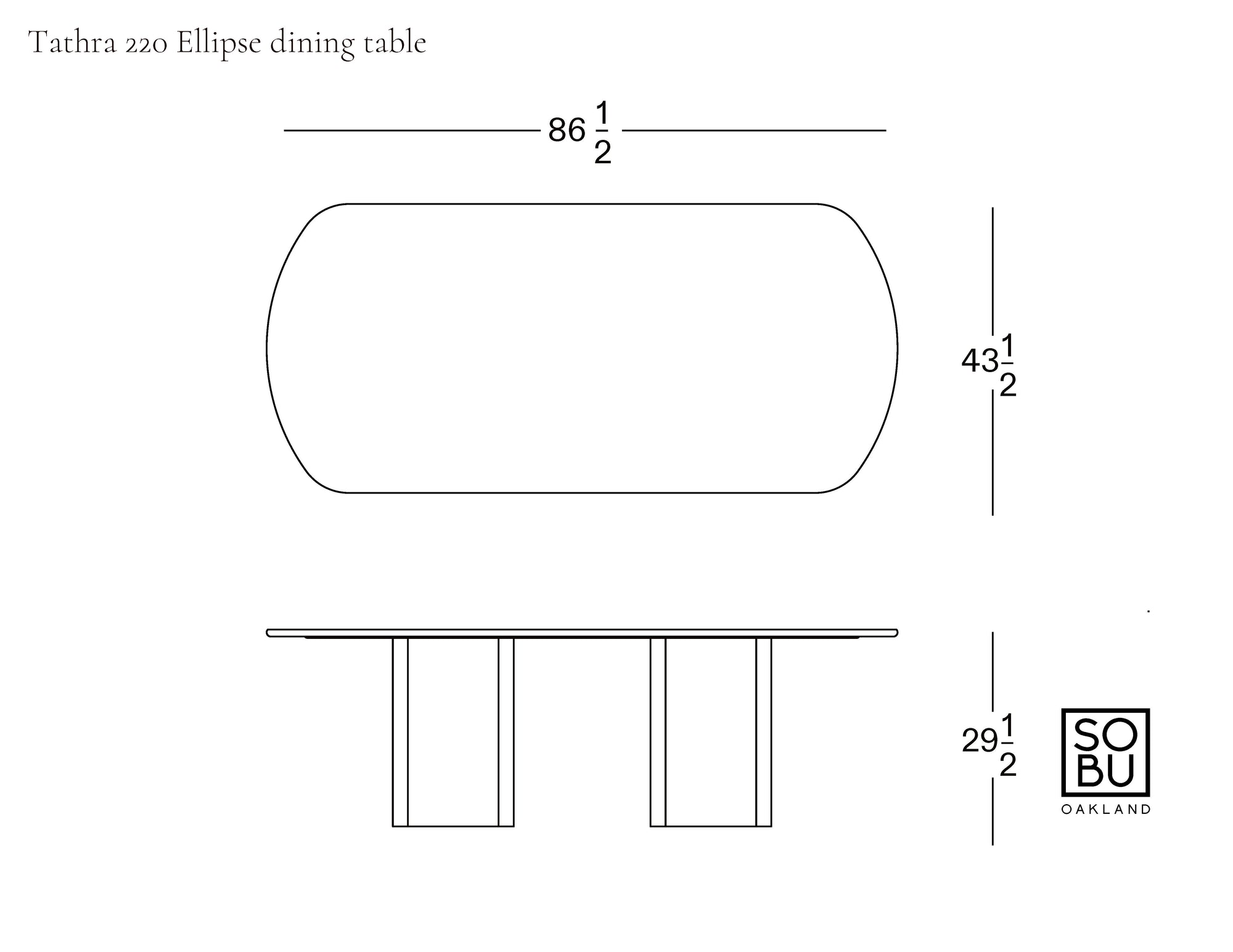Line drawing of the Tathra Ellipse Dining Table | Stone Top by Wooden Stories with measurements: 86.5" L x 43.5" W x 29.5" H, showing top and side views with three supports, reflecting European craftsmanship.
