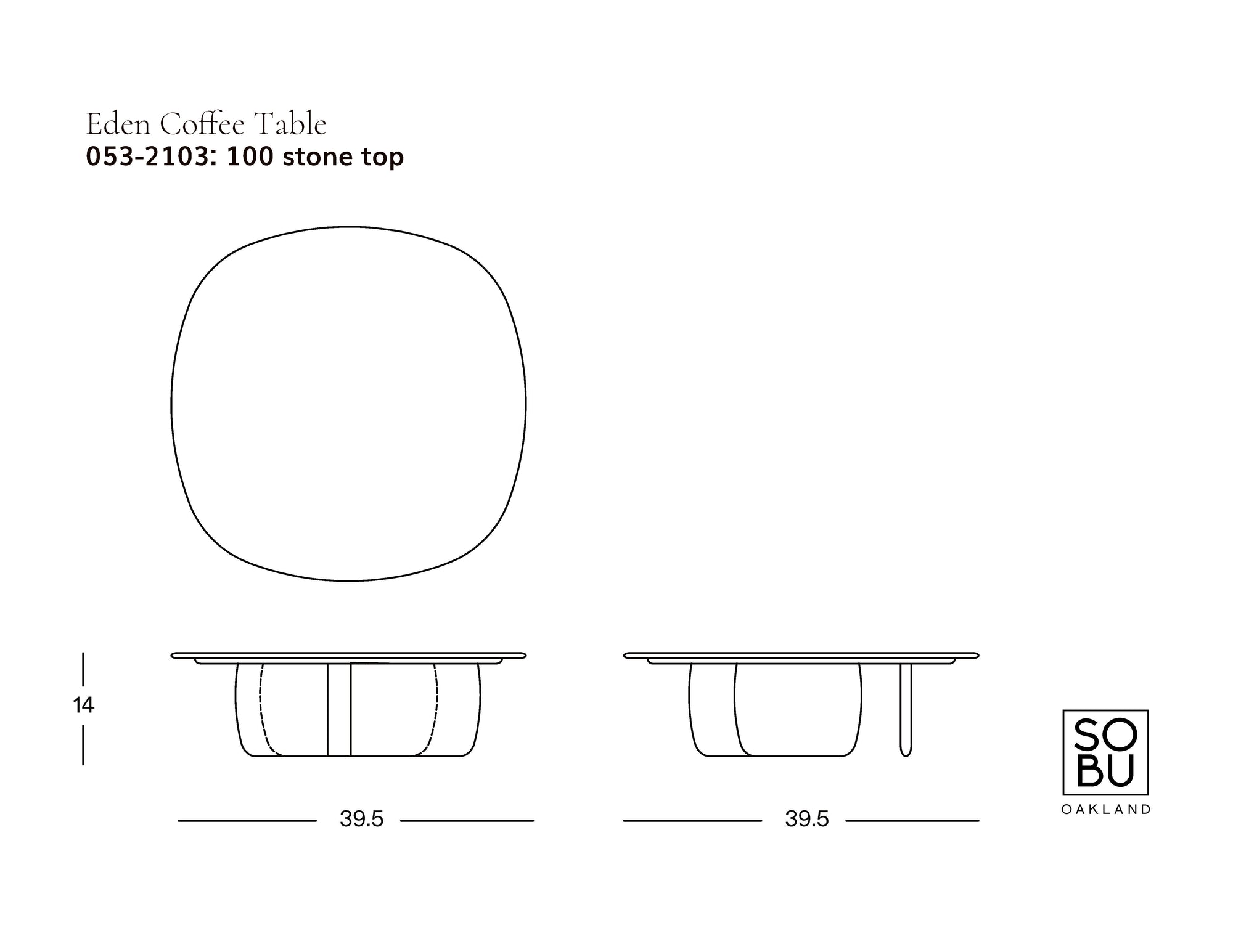Line drawing of the Eden Coffee Table | Wood &amp; Stone by Wooden Stories, with a rounded square Carrara marble top. Top and side views show dimensions: 39.5” wide, 14” high. Scandinavian-inspired design. SoBu Oakland logo in lower right corner.