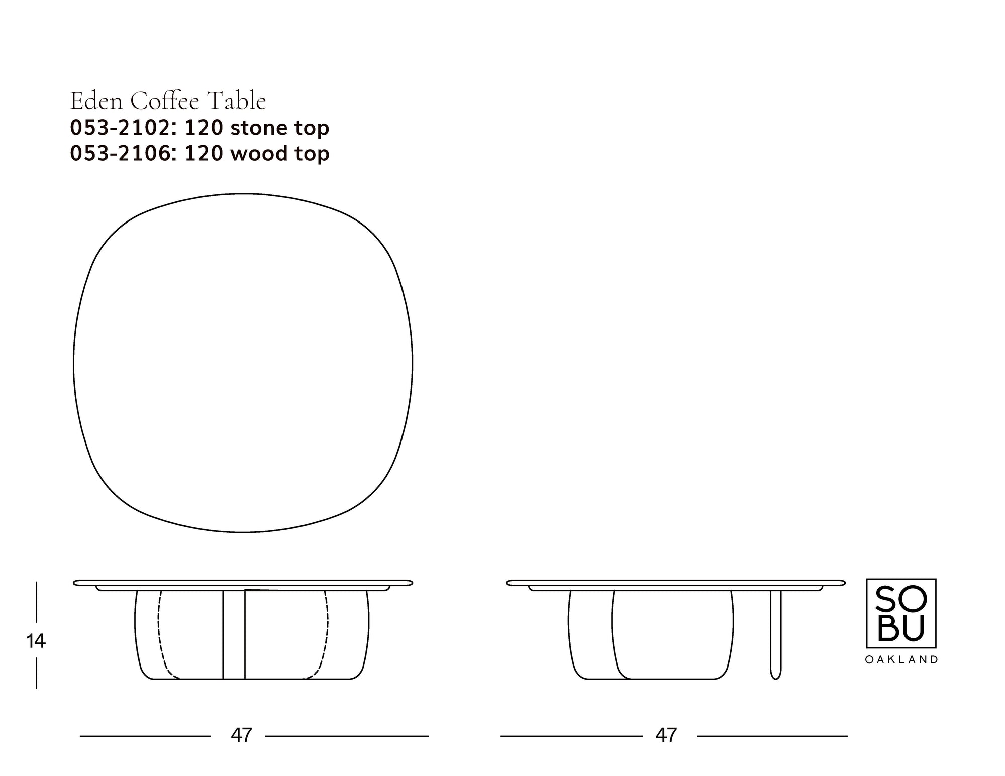 Line drawing of the Eden Coffee Table | Wood &amp; Stone by Wooden Stories from top and side views, dimensions 47"W x 14"H. Choose between Carrara marble or solid American oak top. Wooden Stories logo appears at bottom right, evoking Scandinavian simplicity.