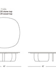 Line drawing of the Eden Coffee Table | Wood & Stone by Wooden Stories from top and side views, dimensions 47"W x 14"H. Choose between Carrara marble or solid American oak top. Wooden Stories logo appears at bottom right, evoking Scandinavian simplicity.