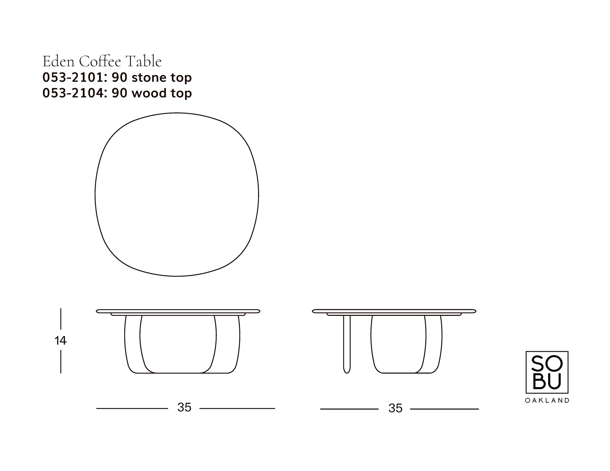 Line drawing of the Eden Coffee Table | Wood &amp; Stone by Wooden Stories, shown from top, side, and front. Dimensions: 35 x 35 x 14 inches. Available with Carrara marble or solid American oak top. Wooden Stories logo in bottom right.
