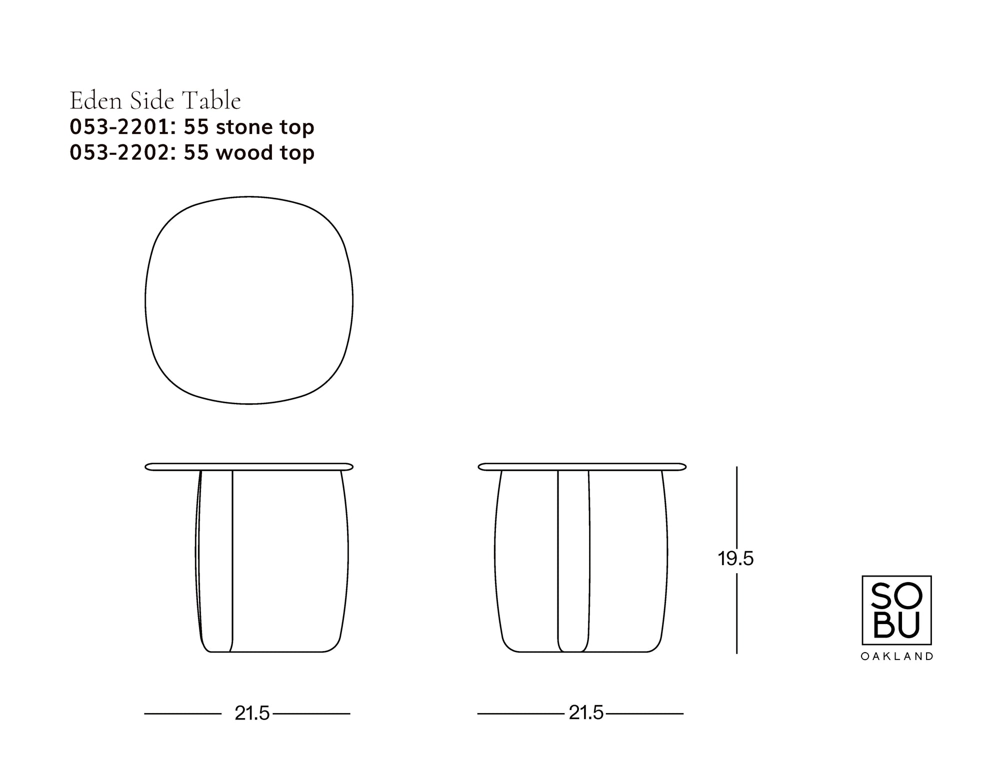 Line drawing of the Eden Side Table | Stone Top by Wooden Stories, with top and side views, shows 21.5" width and 19.5" height. Available in stone or American oak tops. Wooden Stories logo displayed in the lower right corner.