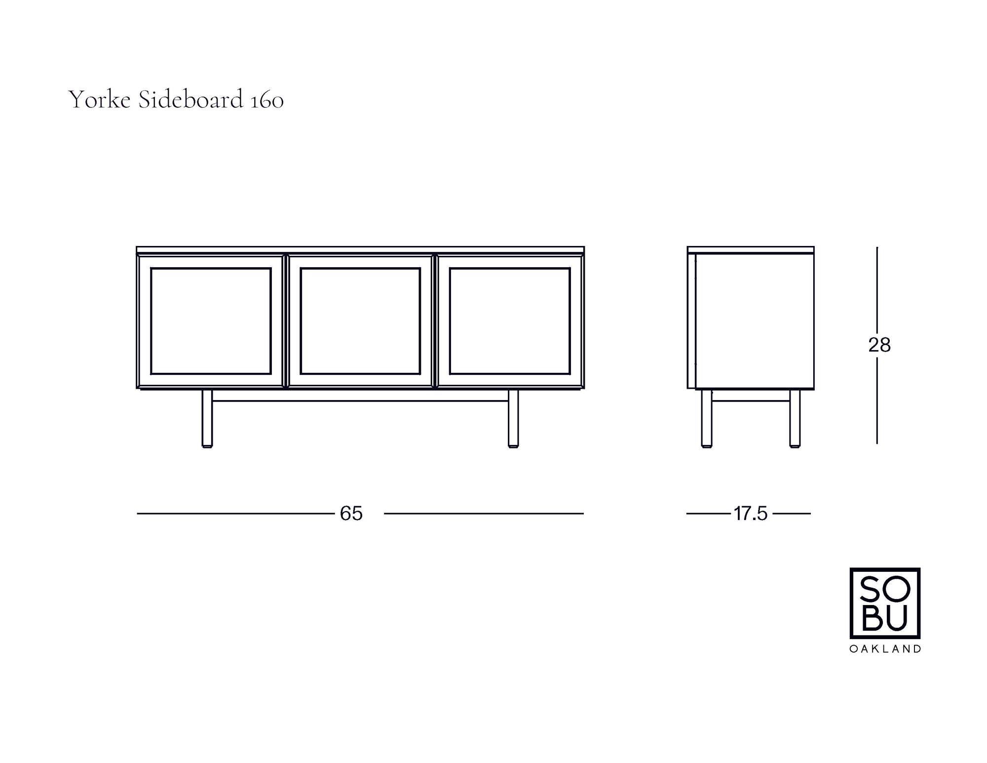 Line drawing of the Wooden Stories Yorke Sideboard, rectangular with Danish lines and three doors, shown front and side. Dimensions: 65"W x 17.5"D x 28"H. Includes "Yorke Sideboard" and brand text.