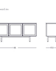Line drawing of the Wooden Stories Yorke Sideboard, rectangular with Danish lines and three doors, shown front and side. Dimensions: 65"W x 17.5"D x 28"H. Includes "Yorke Sideboard" and brand text.