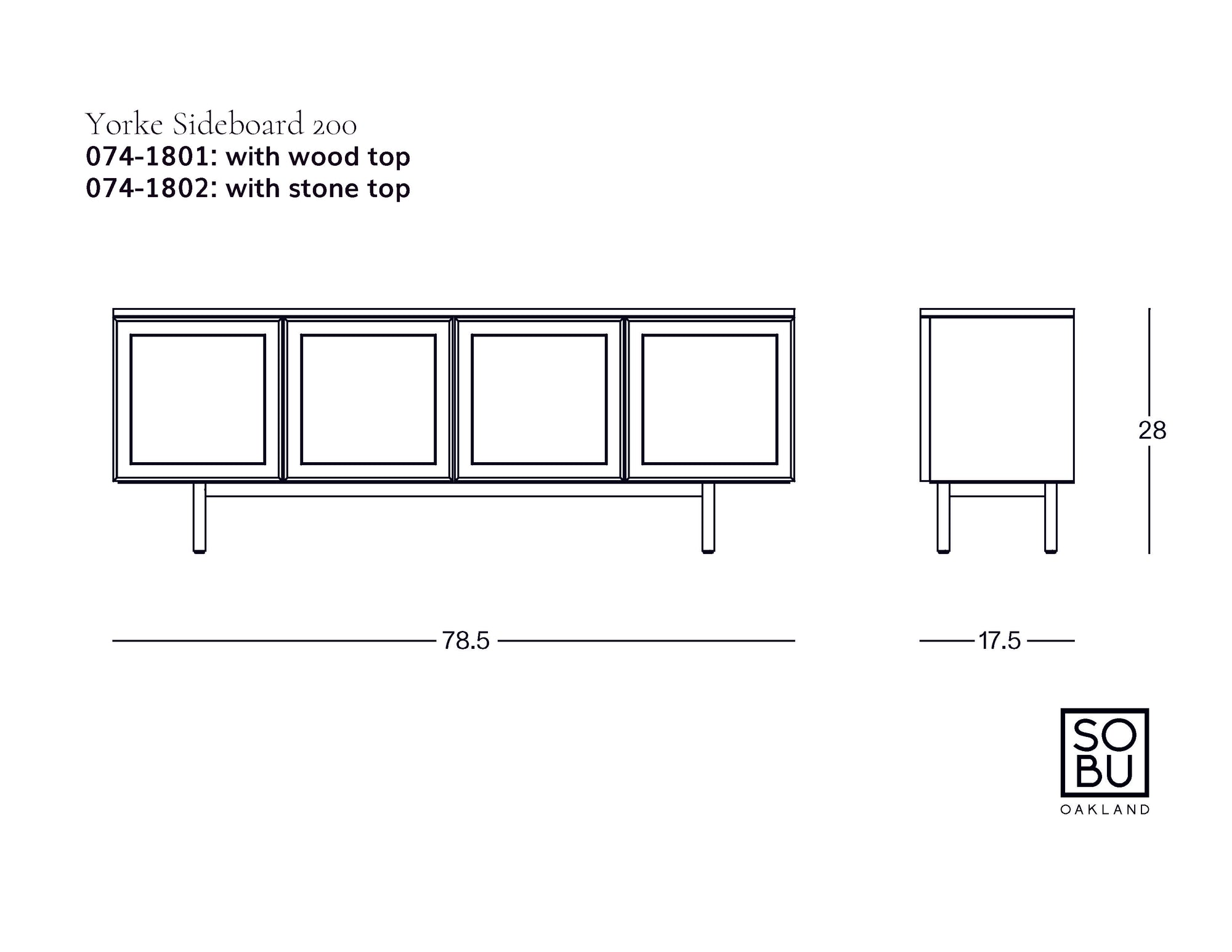 Line drawing of the Wooden Stories Yorke Sideboard with four doors, Danish lines, and paneled motif. Shows front and side views; 78.5"W x 17.5"D x 28"H. Available with wood or stone top. Wooden Stories logo in bottom right corner.