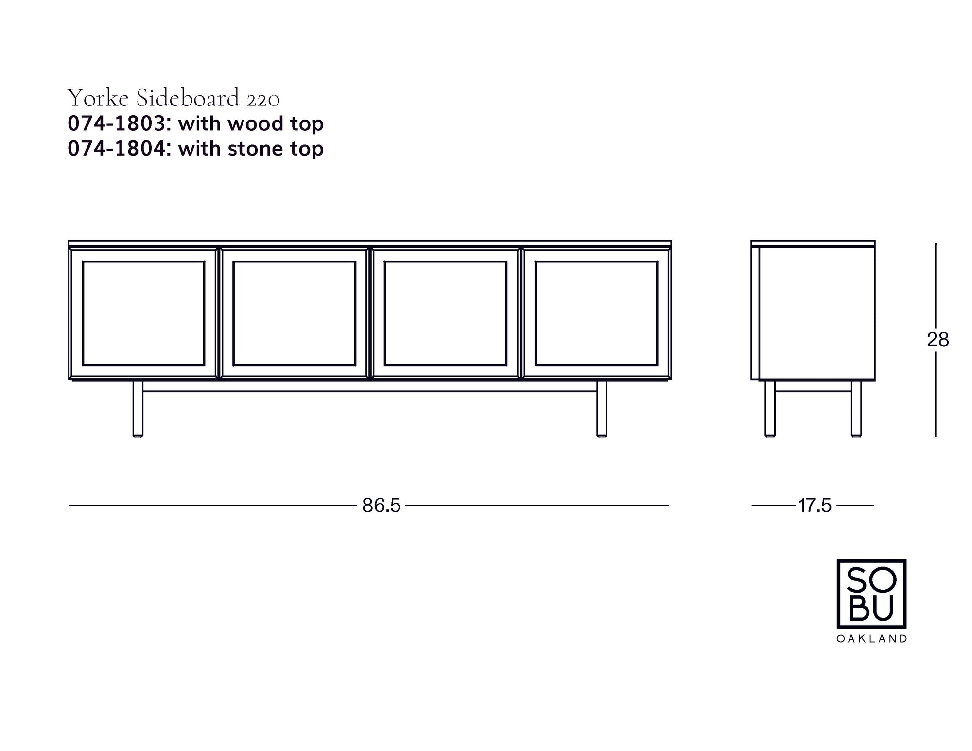 Line drawing of the Wooden Stories Yorke Sideboard, four doors with Danish lines, wood or stone top, front and side views with dimensions: 86.5” W x 17.5” D x 28” H. Wooden Stories logo in bottom right corner.