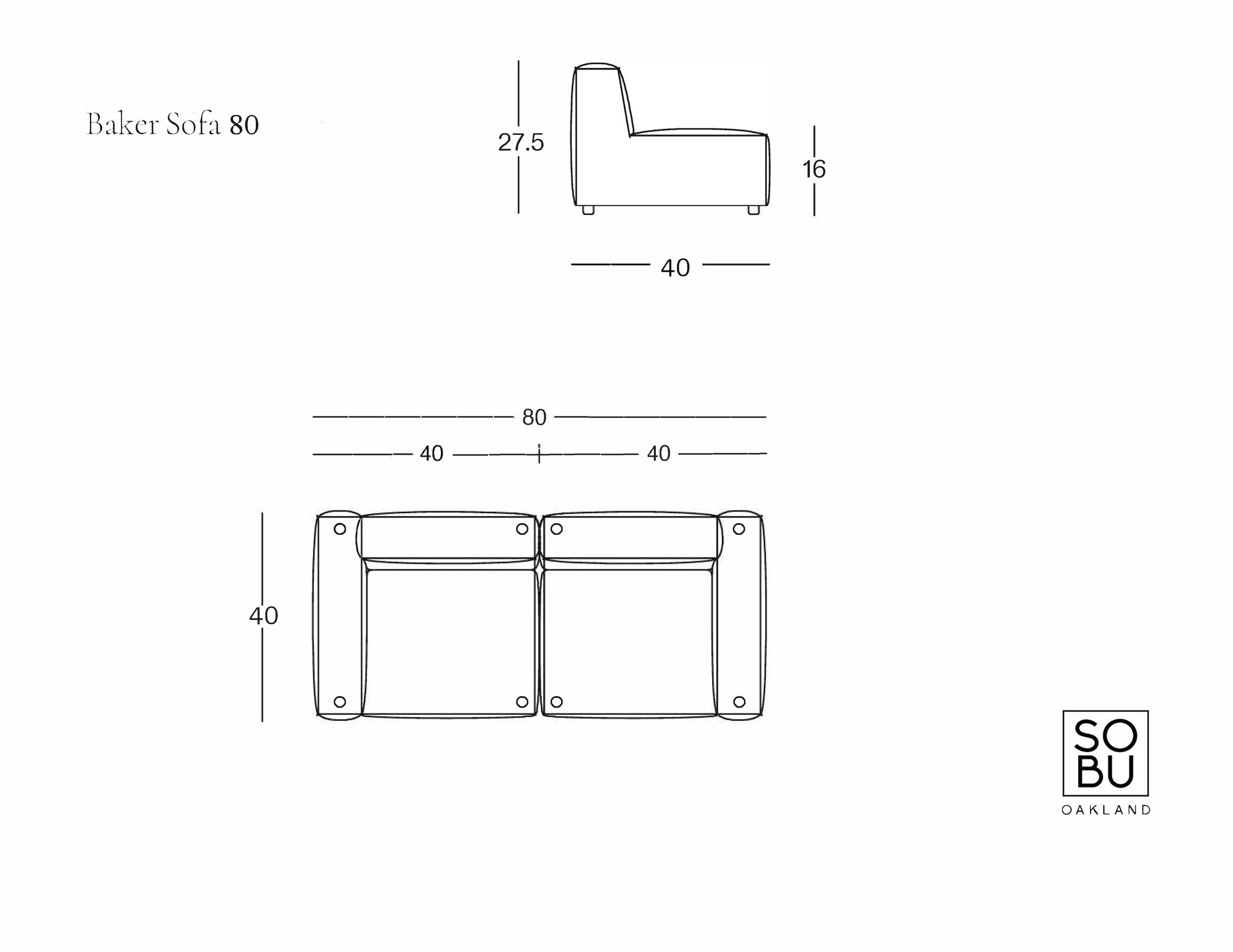 Diagram of the Baker Sofa | Fabric by Wooden Stories, a modern sofa measuring 80" W x 40" D x 27.5" H with a 16" seat height. Side and top views shown. SOBU Oakland logo displayed in the bottom right corner.