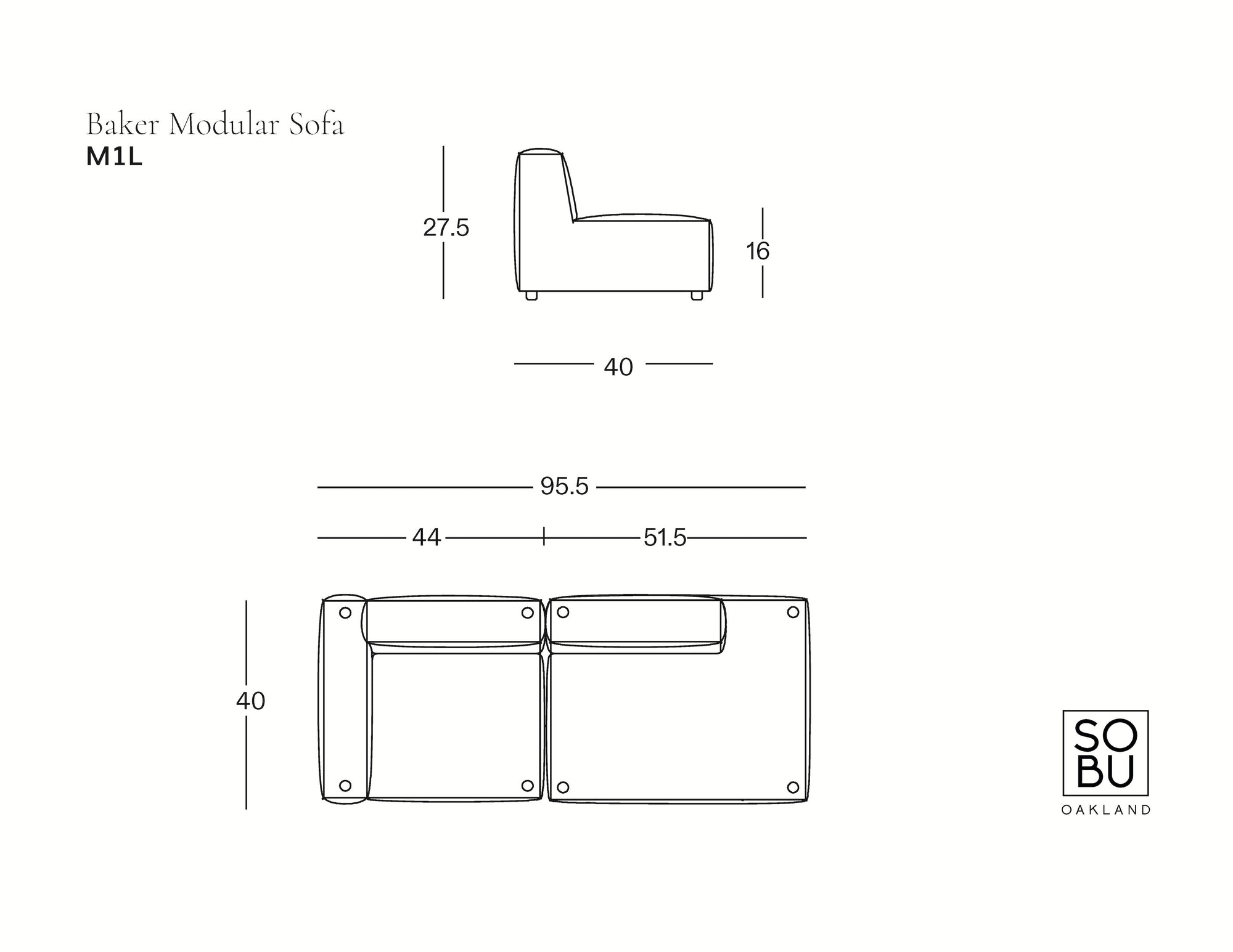 Line drawing of the Baker Modular Sofa | Leather • M1 by Wooden Stories with side and top views, inches measurements (H: 27.5, D: 40, SH: 16, W: 95.5, seat widths: 44 &amp; 51.5), plus SOBO Oakland logo—a stylish contemporary sofa design.