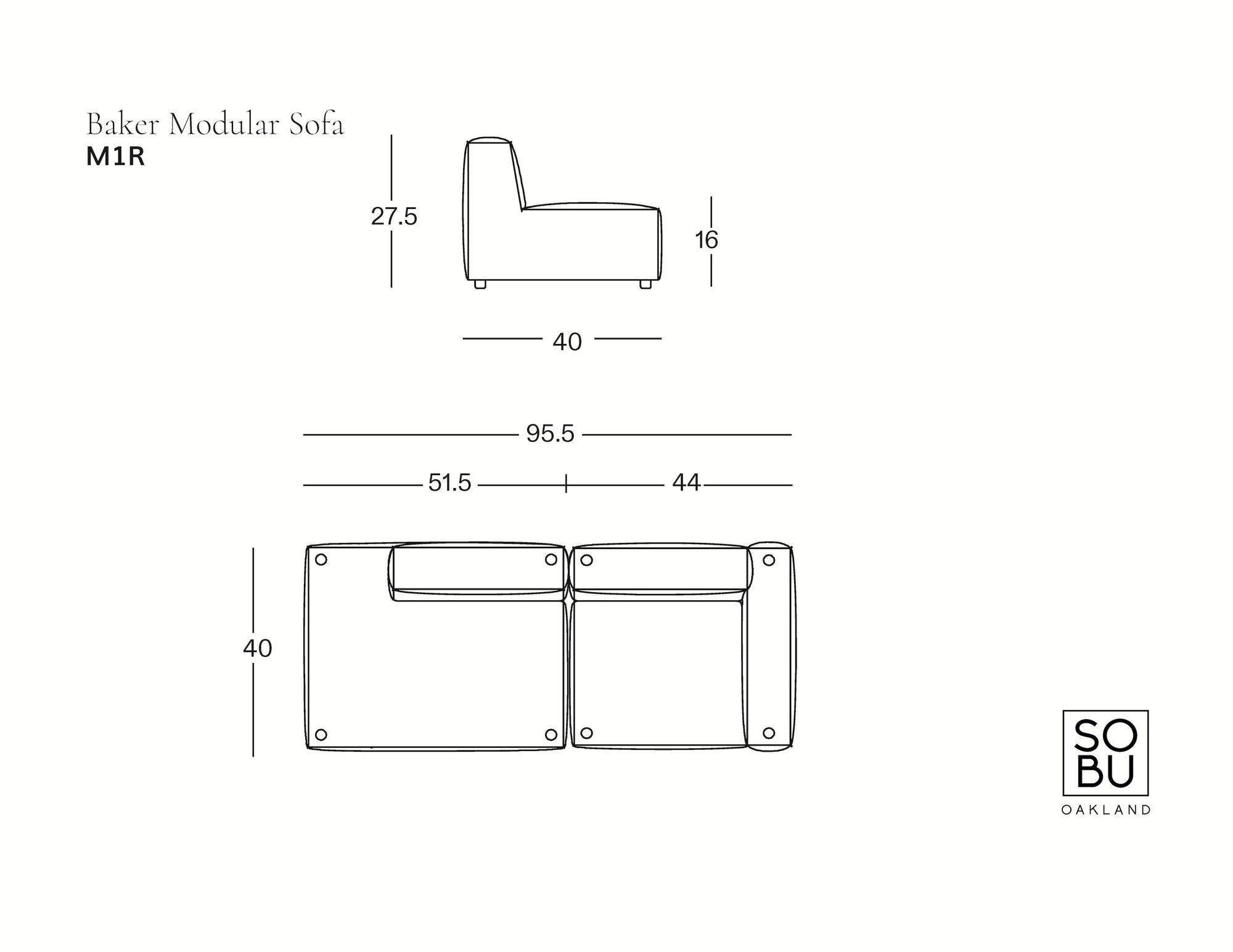 Line drawing of the Wooden Stories Baker Modular Sofa | Fabric • M1—side and top views with dimensions: height 27.5, depth 40, seat height 16, sofa width 95.5, seat depths 51.5 &amp; 44. SO|BU Oakland logo in lower right.