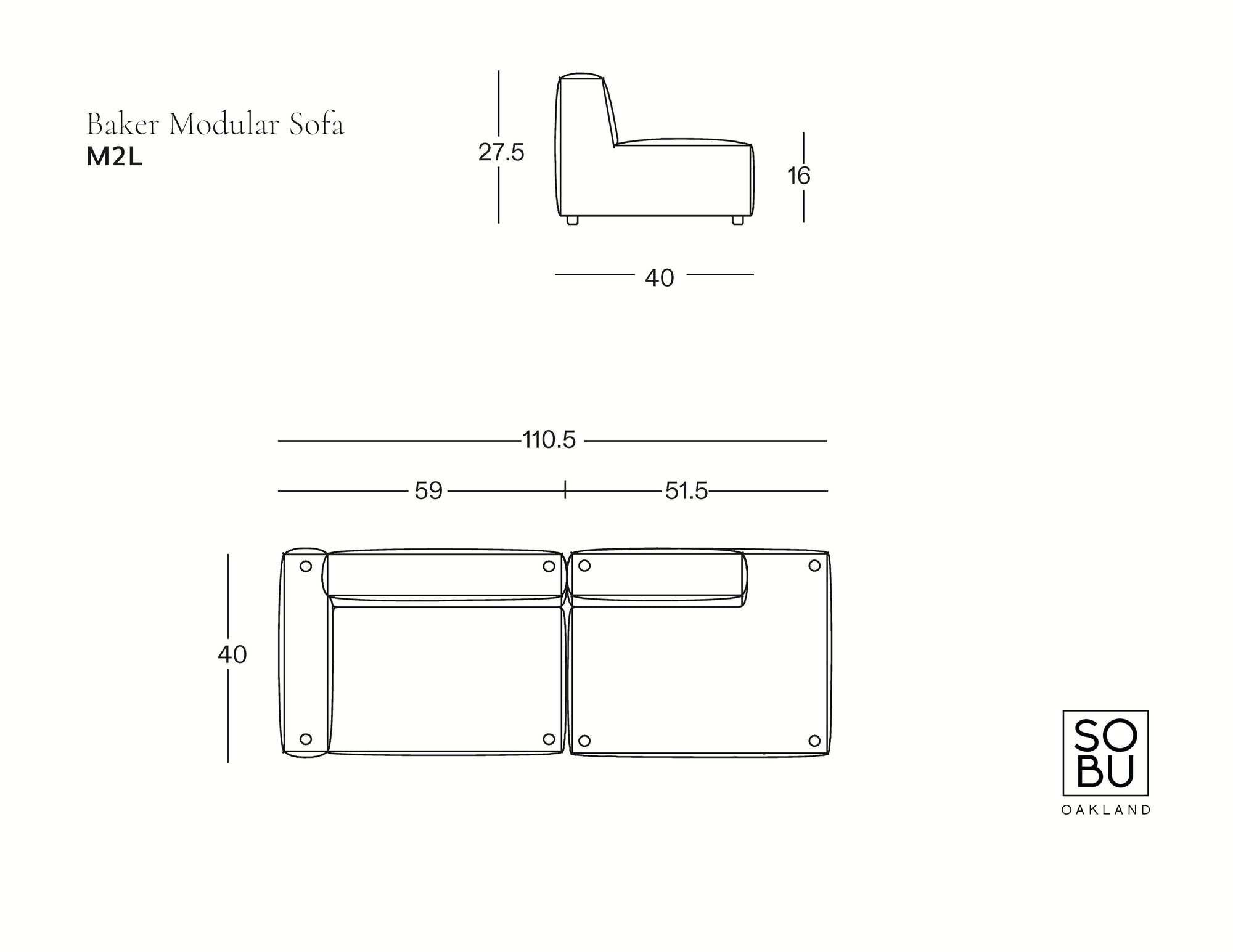 Line drawing of the Baker Modular Sofa | Leather • M2 by Wooden Stories, showing top and side views. Dimensions: 40" deep, 40" tall, and 27.5" high at the back. "Wooden Stories" logo appears in the bottom right corner.