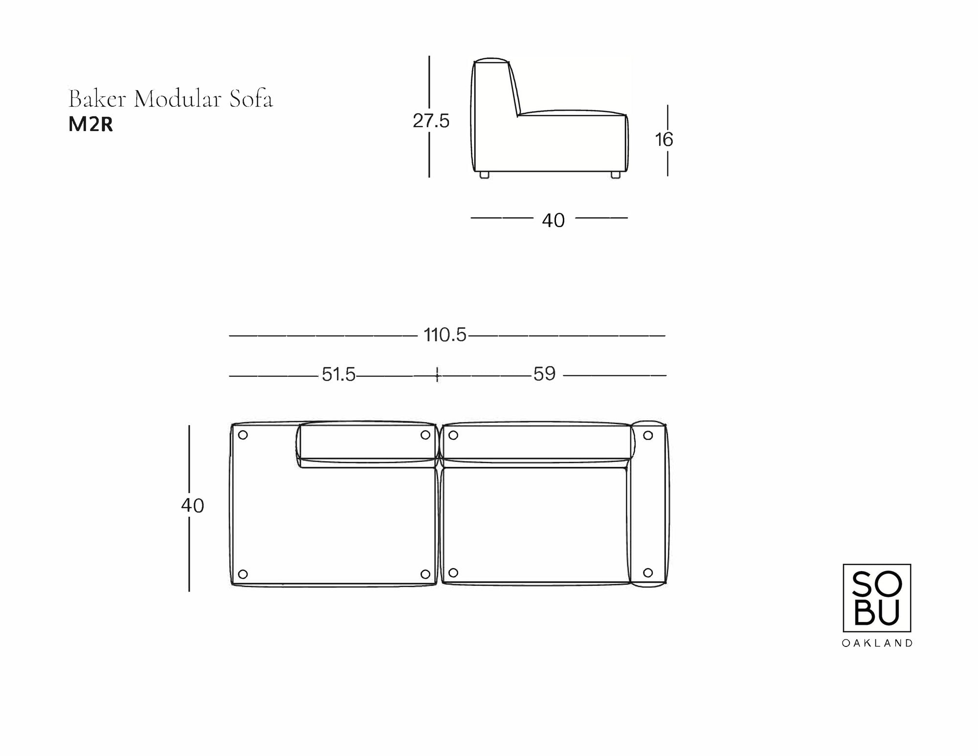 Line drawing of the Baker Modular Sofa | Leather • M2—a contemporary modular sofa by Wooden Stories. Dimensions: seat height 16", back height 27.5", depth 40", total width 110.5", left section 51.5", right section 59". Wooden Stories logo in corner.