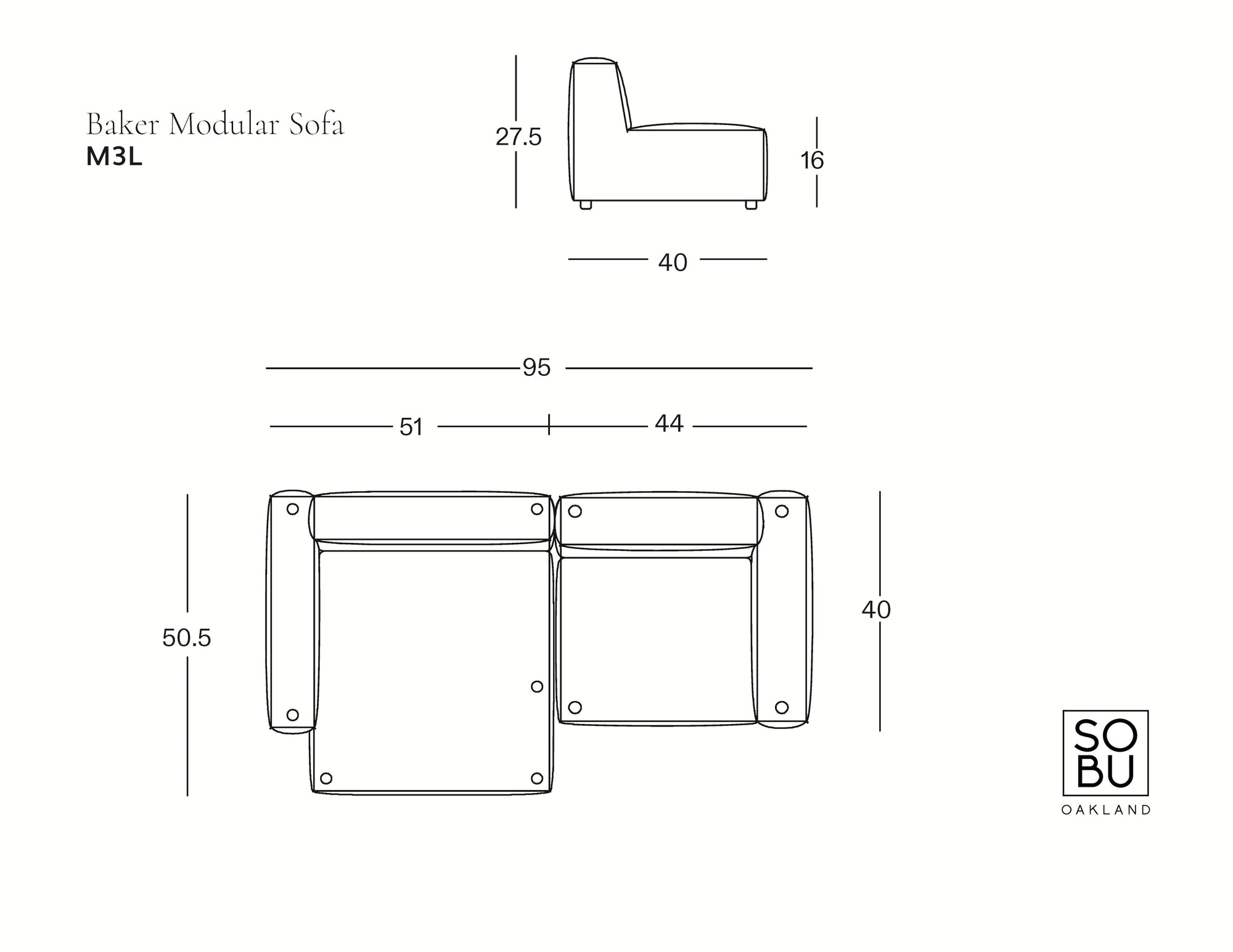 Line drawing of the Baker Modular Sofa | Leather • M3 by Wooden Stories with detailed measurements in inches, side and top views, and the SOBO Oakland logo in the bottom right corner.