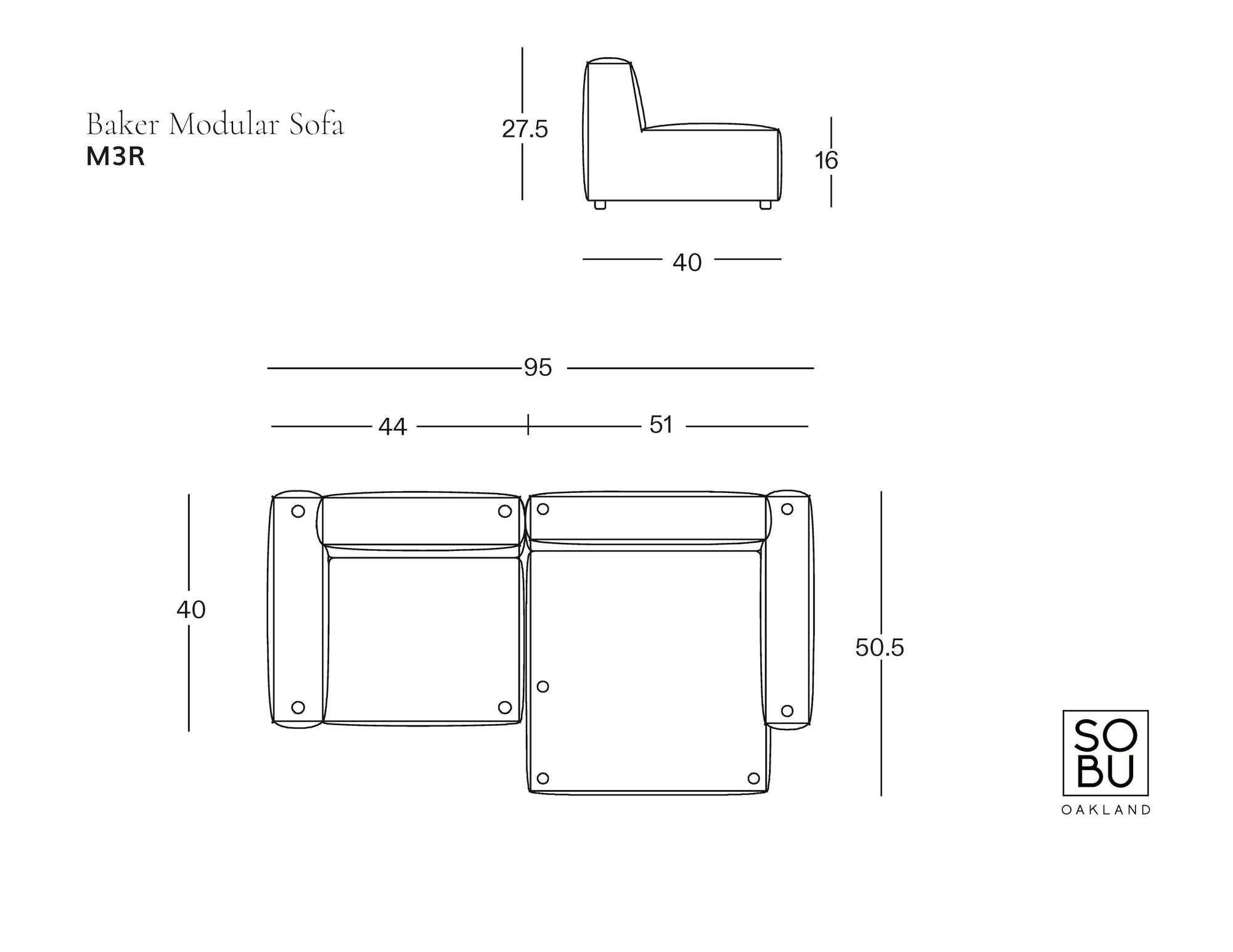 Diagram of the Baker Modular Sofa | Leather • M3 by Wooden Stories—a modern piece—with measurements in inches: 27.5H, 16 seat H, 40D, 40 arm W, 44/51 seat segments, 95W, and 50.5 arm D. SOBU Oakland logo included.
